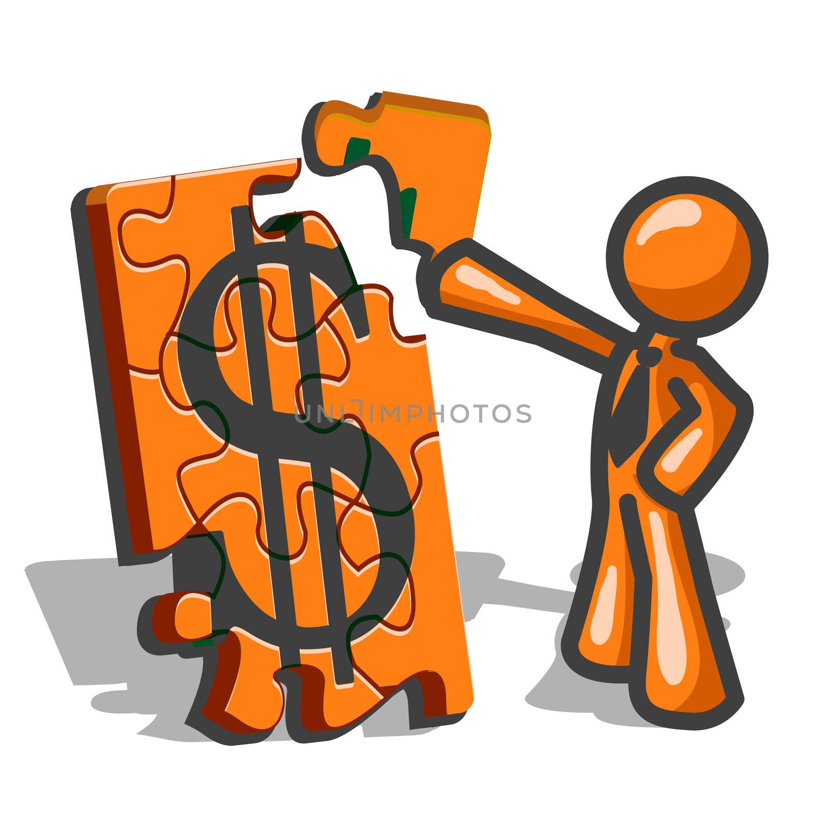 An orange man assembling a large puzzle with a dollar sign on it, showing the nature of budgeting or financial planning. 