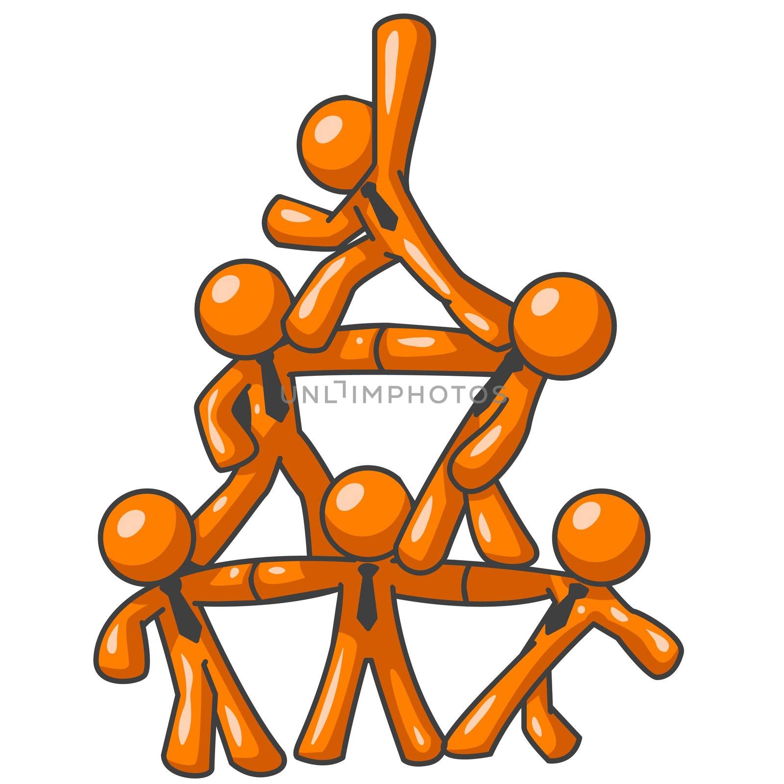 Six orange men forming a human pyramid as a symbol of cooperation, success, and teamwork.