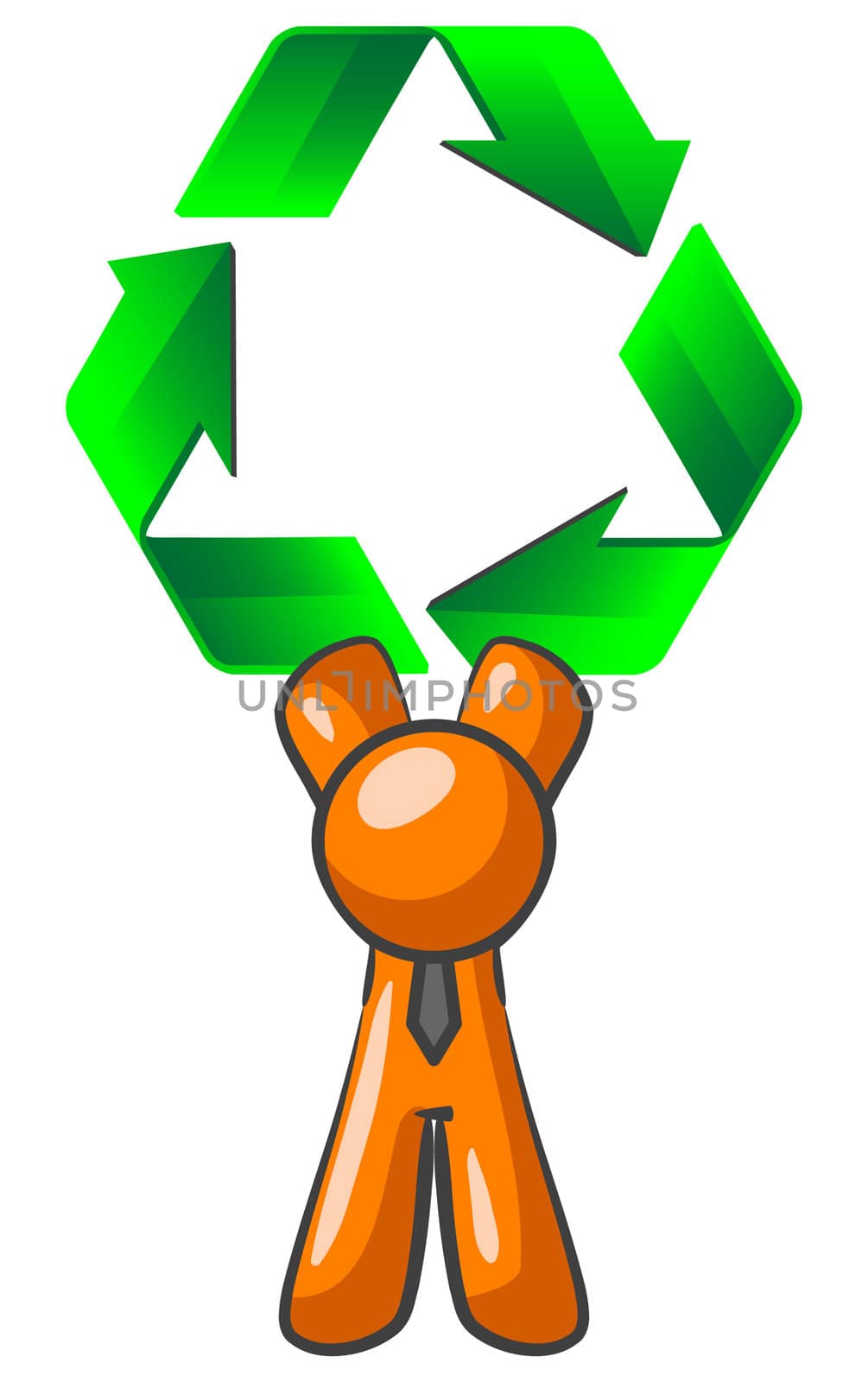 An orange man holding up a large recycling symbol. Good concept for environmental subjects. 