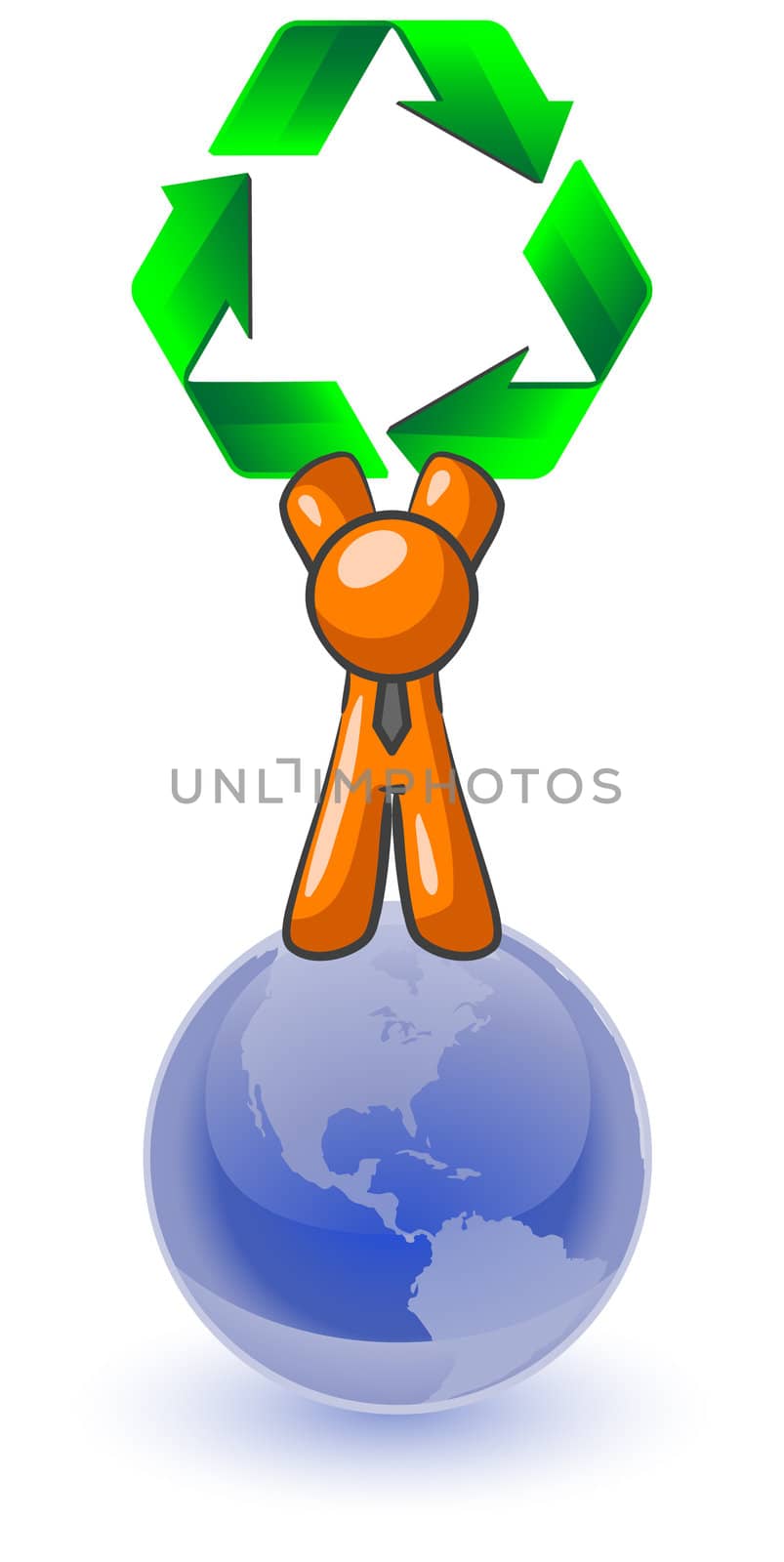 An orange man standing on top of the earth holding a large recycling symbol. Good concept for environmental earth preservation. 