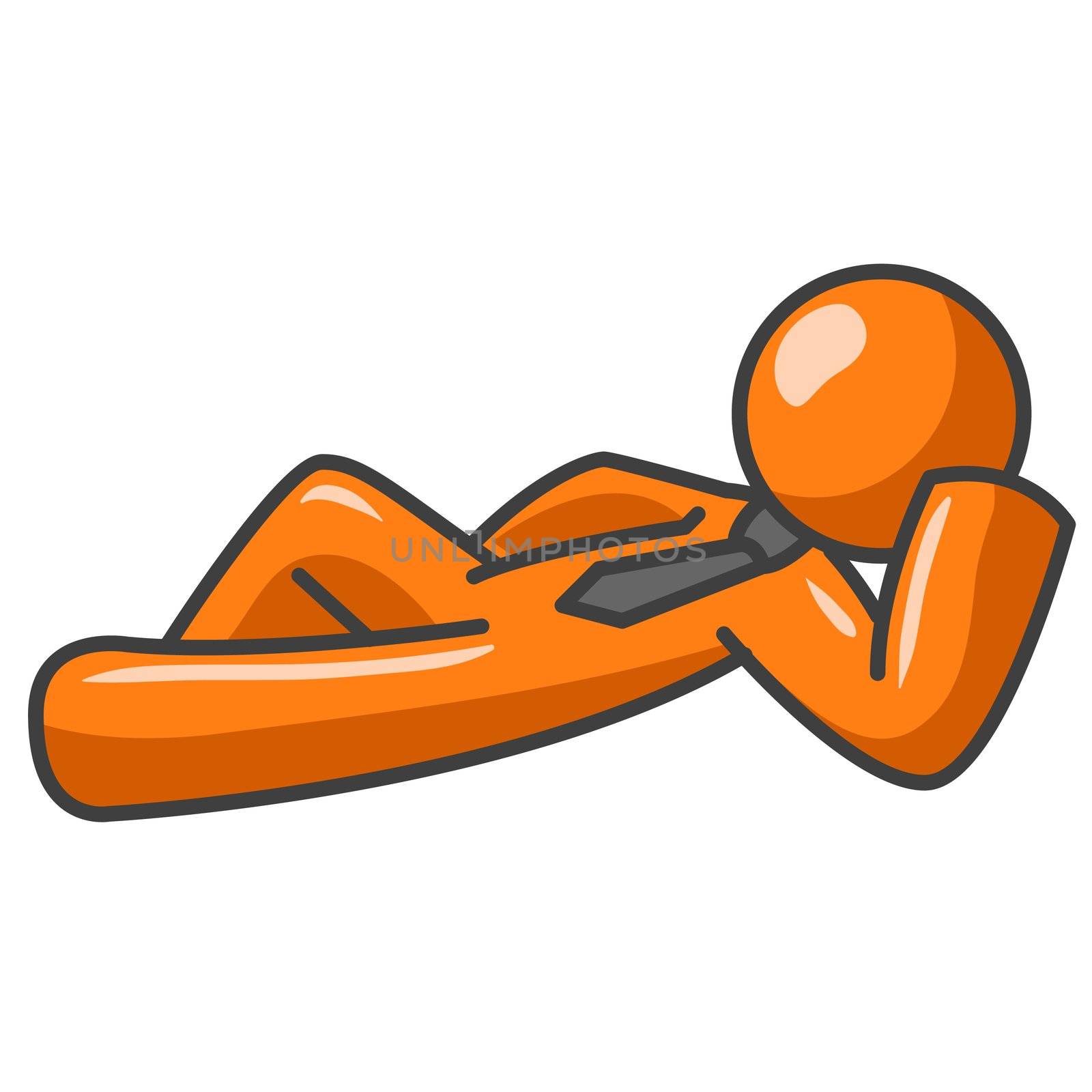 An orange man relaxed and lying down resting his head on his hand. 