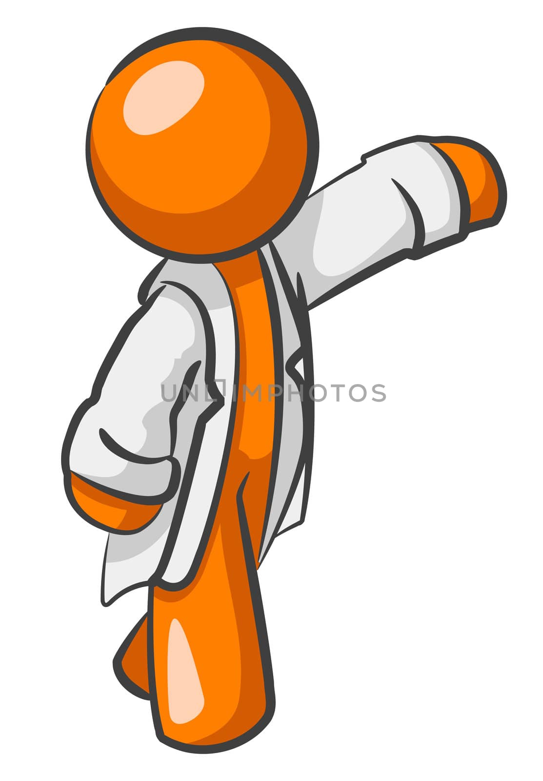 An orange man scientist gesturing at something in your design. 