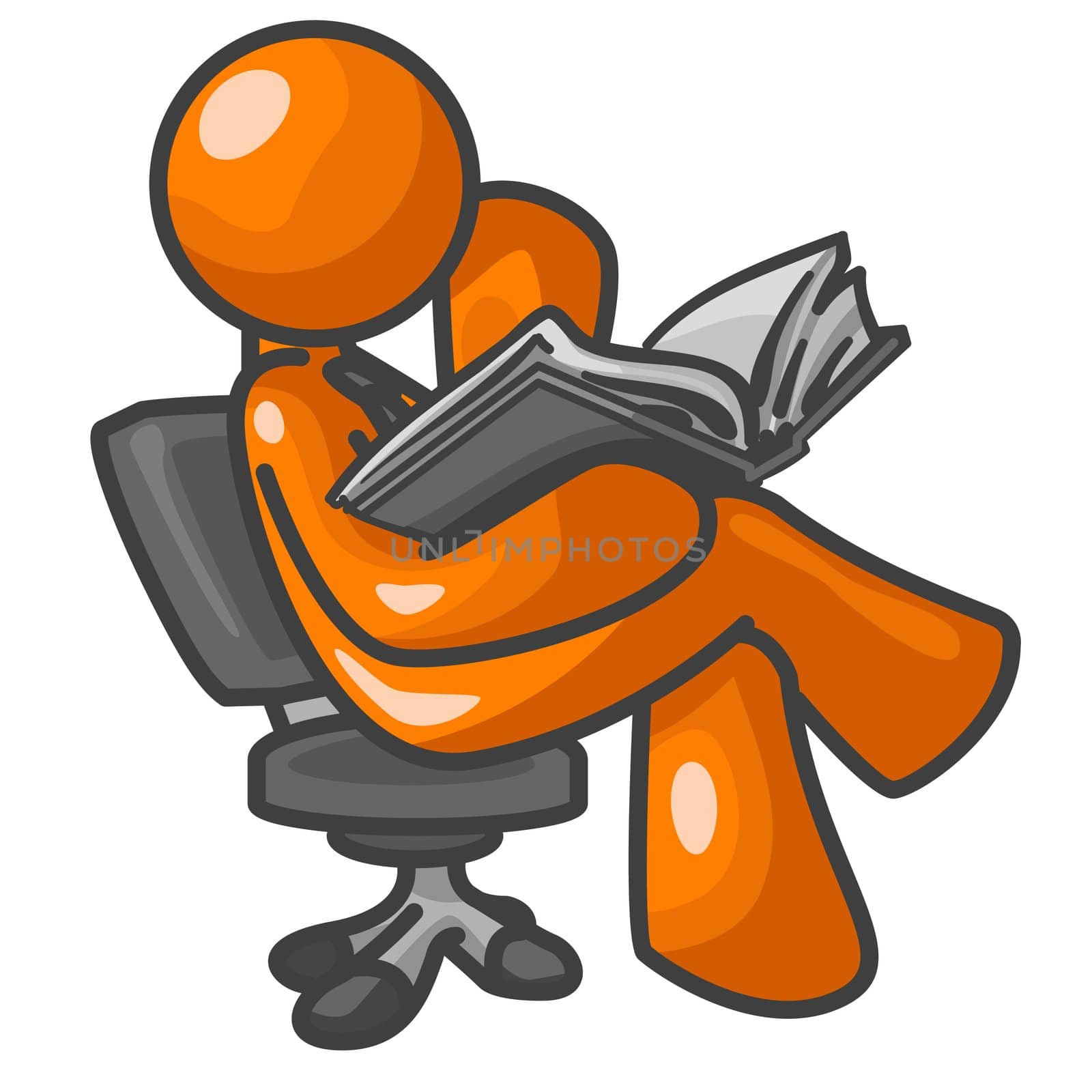 An orange man sitting down and reading on a chair. Its drawn as a side view. 