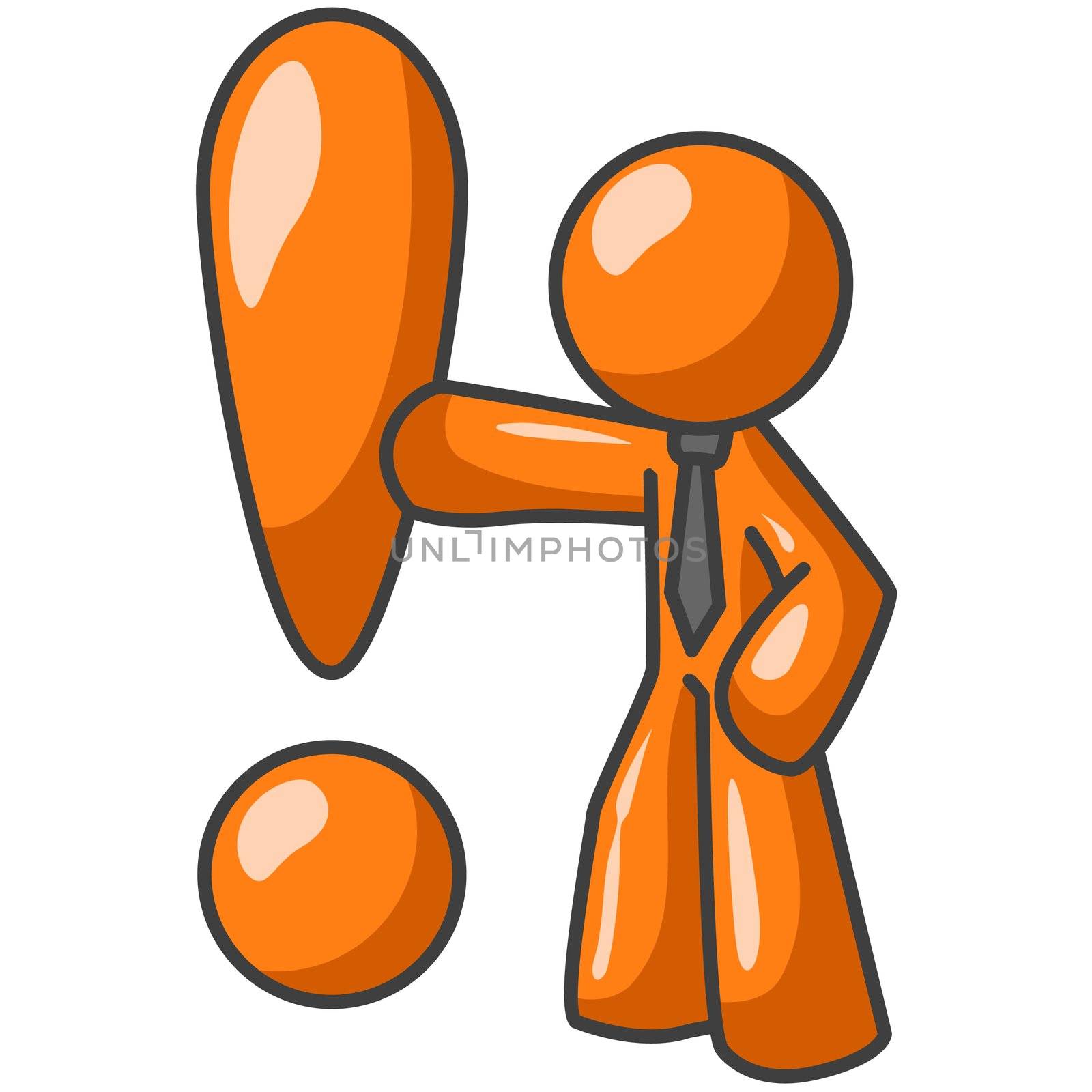 An orange man leaning up against an exclaimation point. 