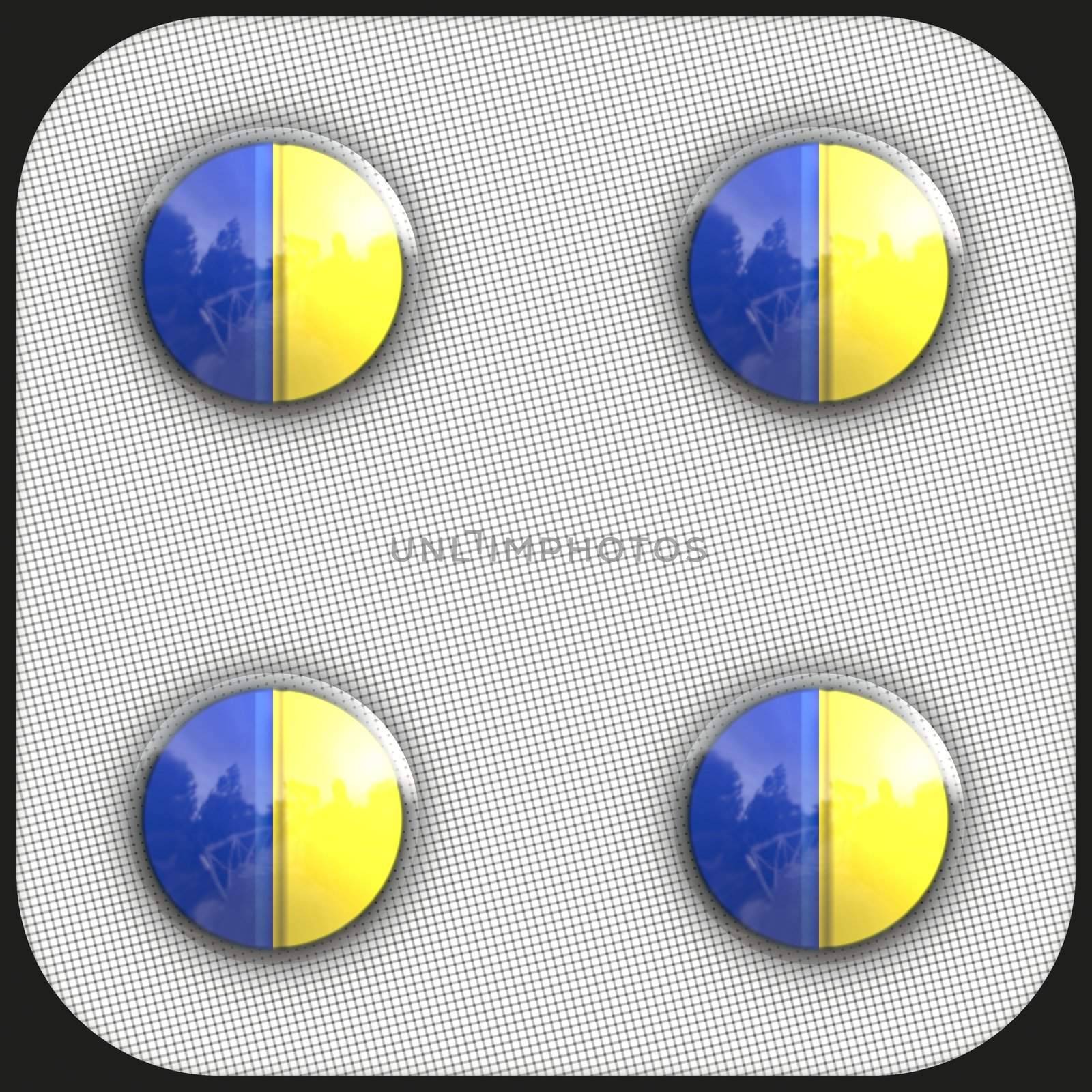 four new blue and yellow tablets in foil packet