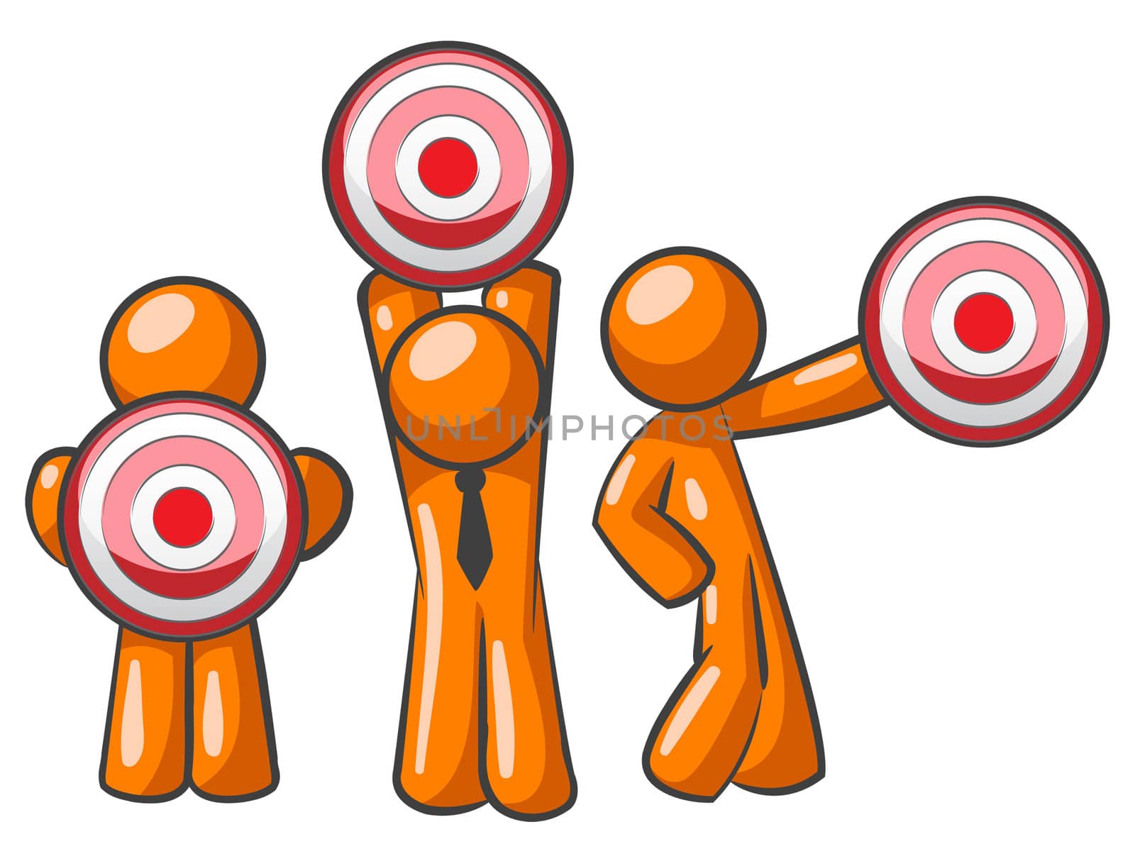 Three orange men holding targets up. A versatile concept for planning, objectives, or target audience. 