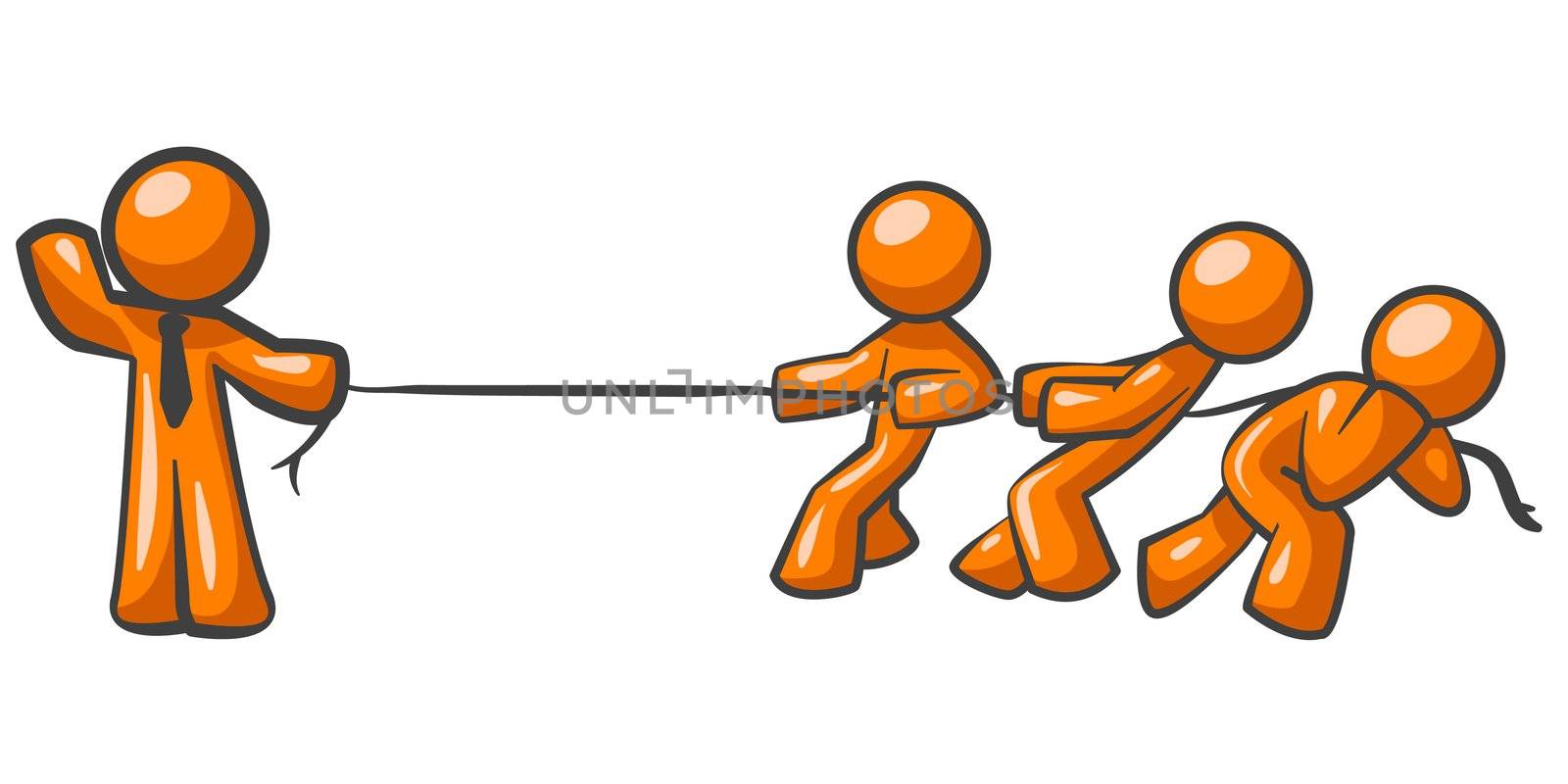 An orange man holding a rope while three others pull against it, obviously no contest!