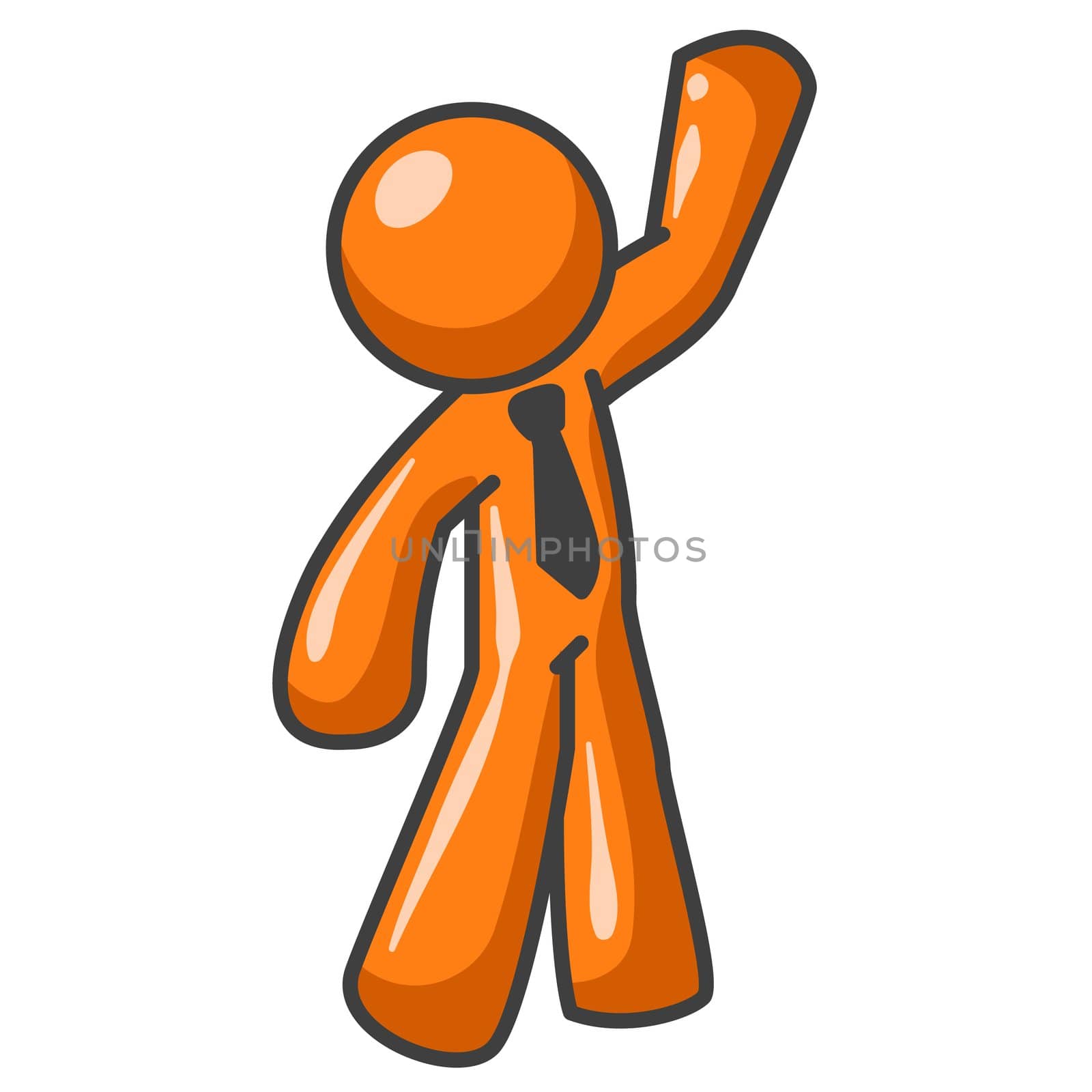 An orange man exciited and waving hi at the viewer happily.