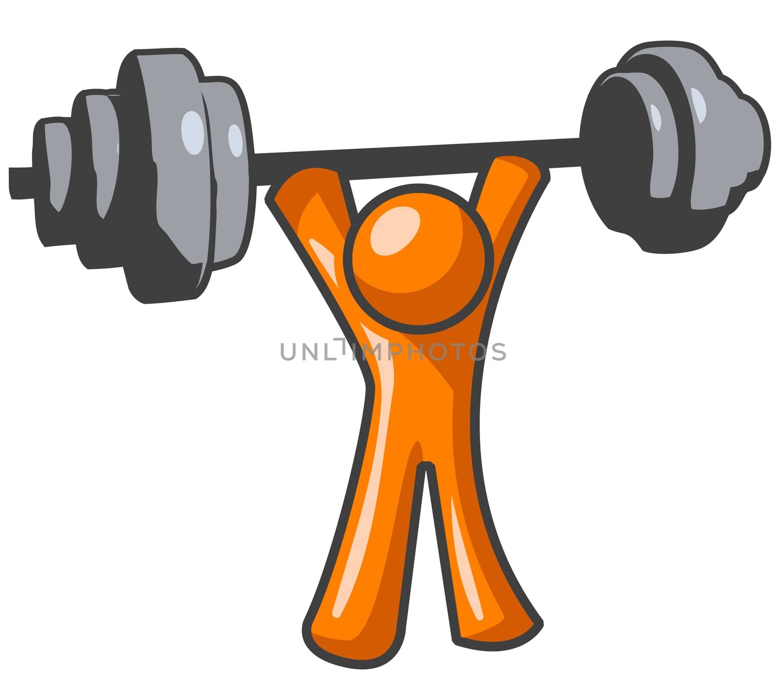 An orange man lifting weights in a great display  of strength.