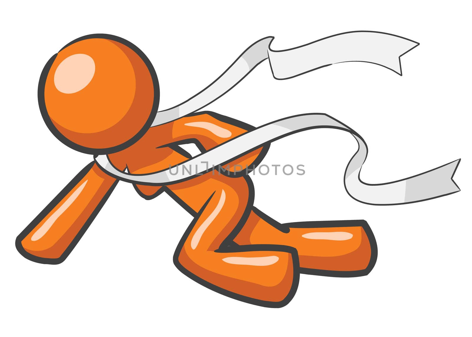 A design mascot running through finish line. She is a woman.