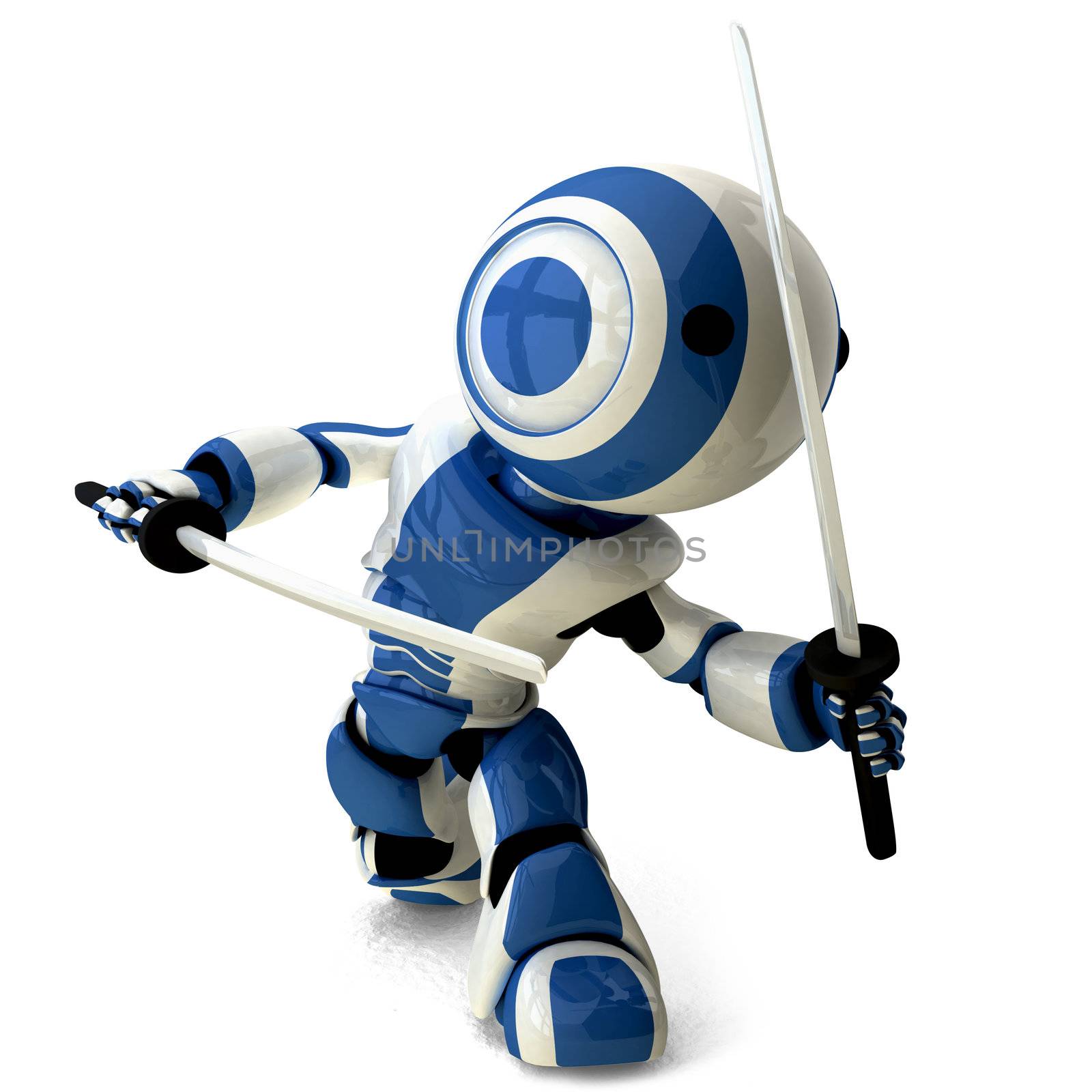 A glossy ninja robot walking toward the viewer and posed defensively with two katana swords.