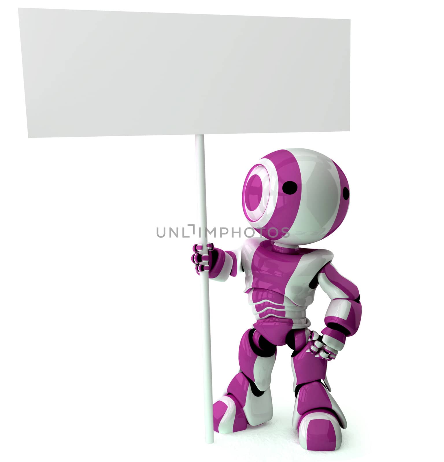 A glossy robot standing holding a sign. Area on sign left blank for your own design.