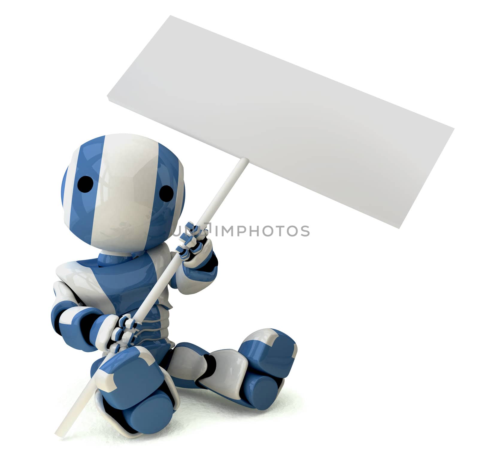 Glossy Blue Robot Holding Sign Sitting Down by LeoBlanchette