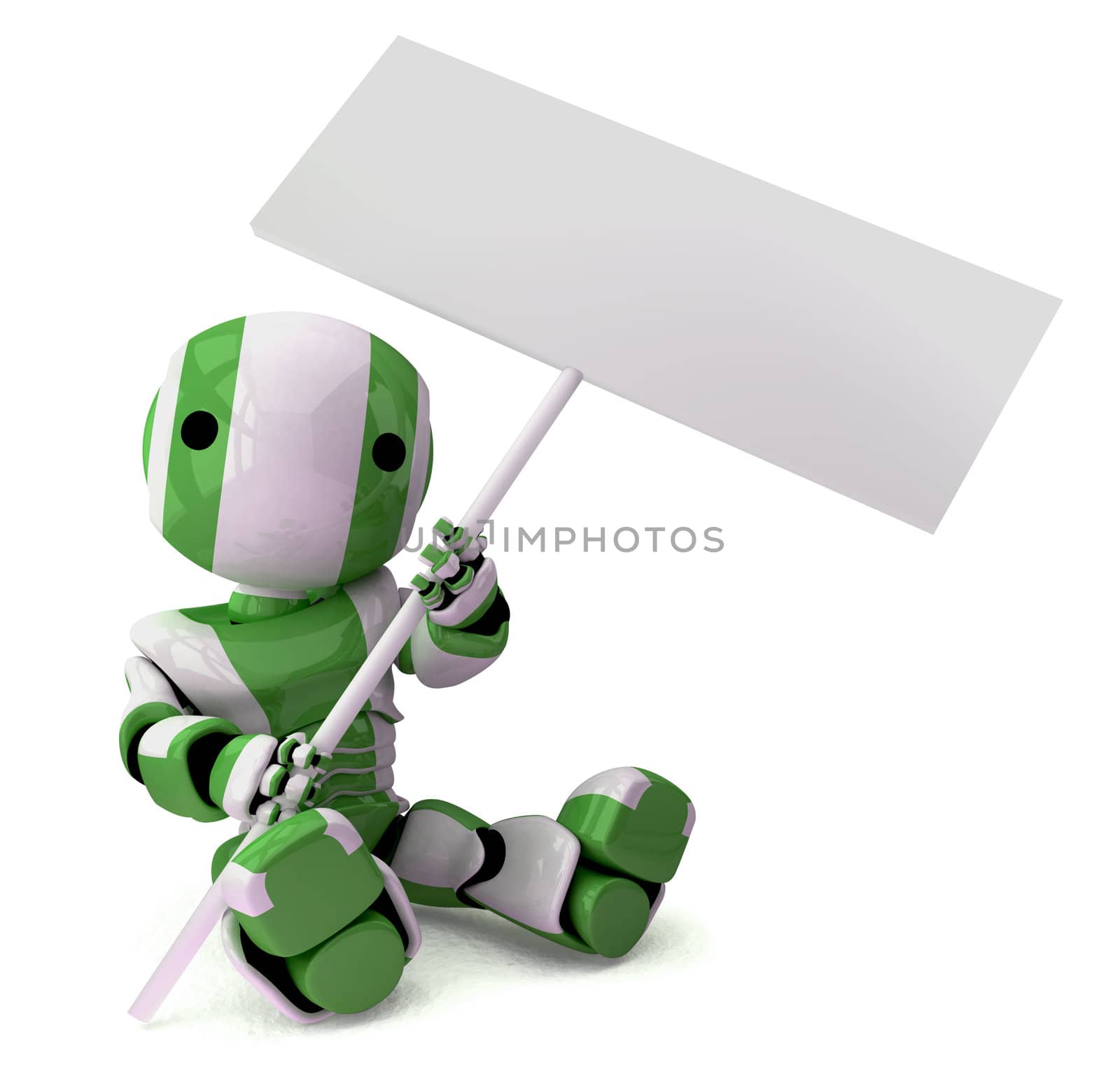 A glossy 3d robot sitting down holding a sign, which is blank for your own design.