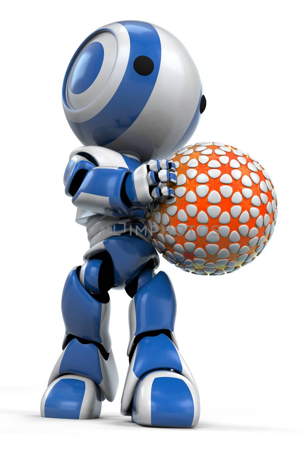 A blue robot holding a futuristic ball, the pattern of which looks like a fourteen year old girl was bored and needed something to do so she made silly little flower patterns, but it is in fact the result of extruding the faces of an icosphere. In case you wanted to know. 