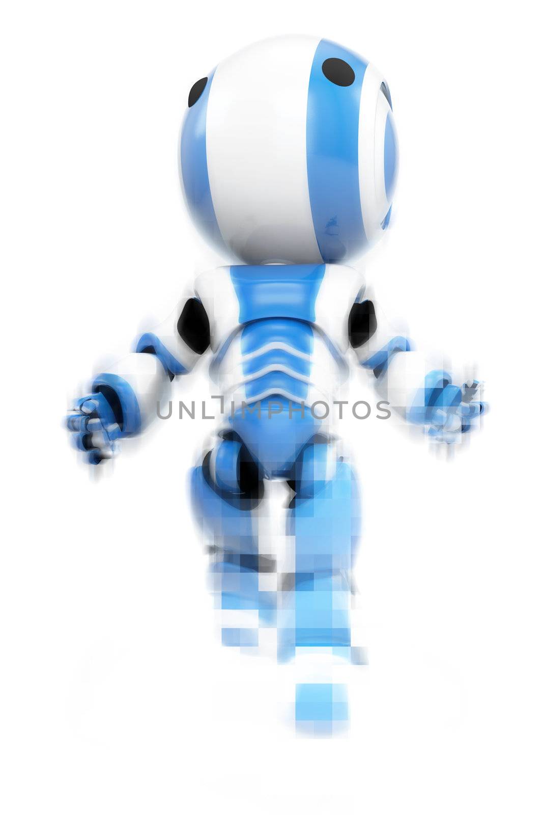 A blue robot emerging from pixels, showing his digital origins. 