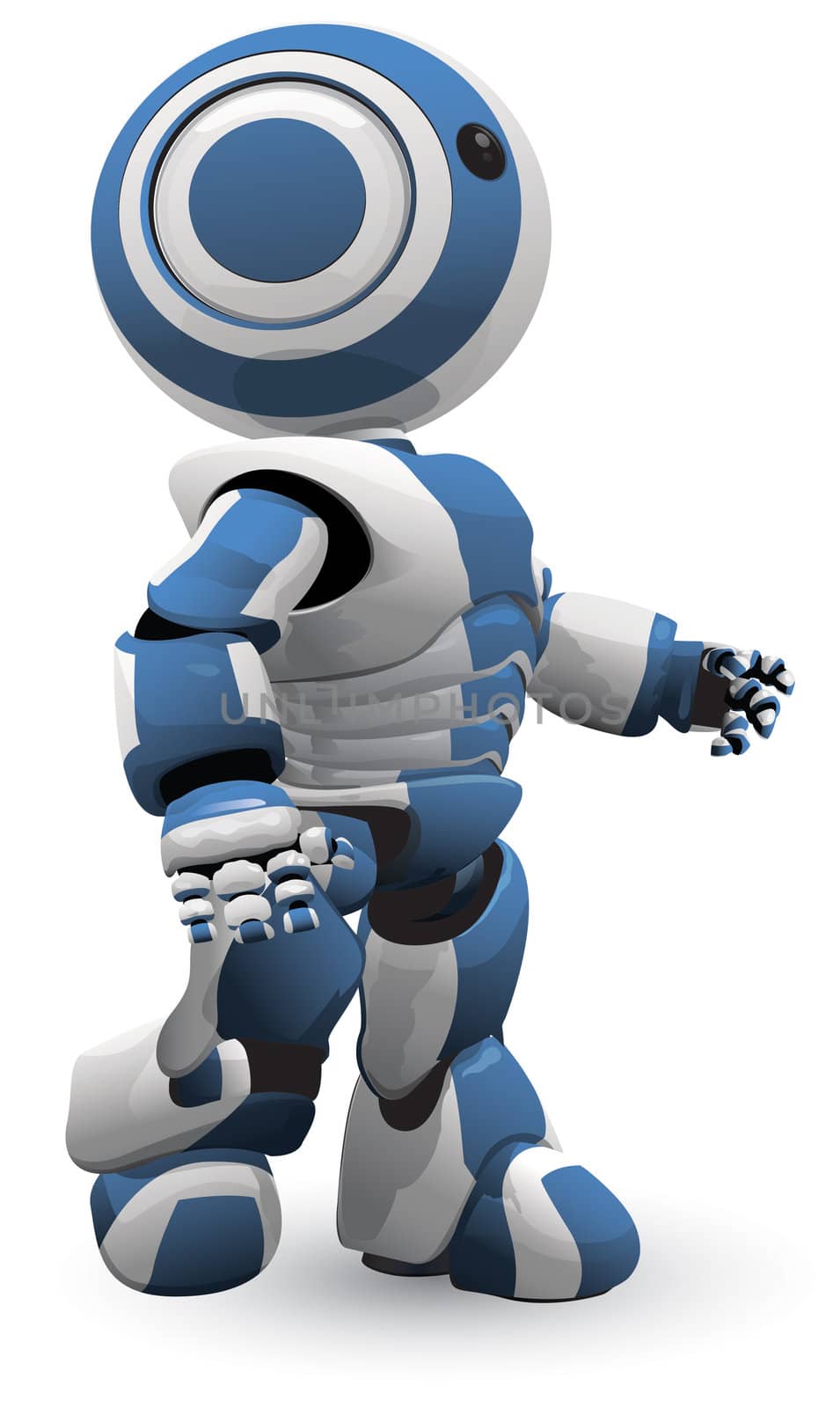A blue and white robot vector derivative walking forward in determination. Or maybe he has just come off the assembly line and is looking at the new world before him!