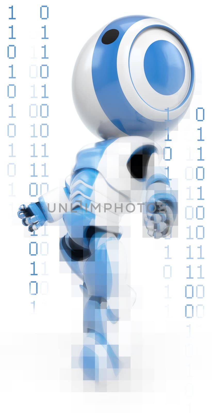 A blue robot drifting through binary space, with ones and zeros cycling around him. Showing his digital origins. 