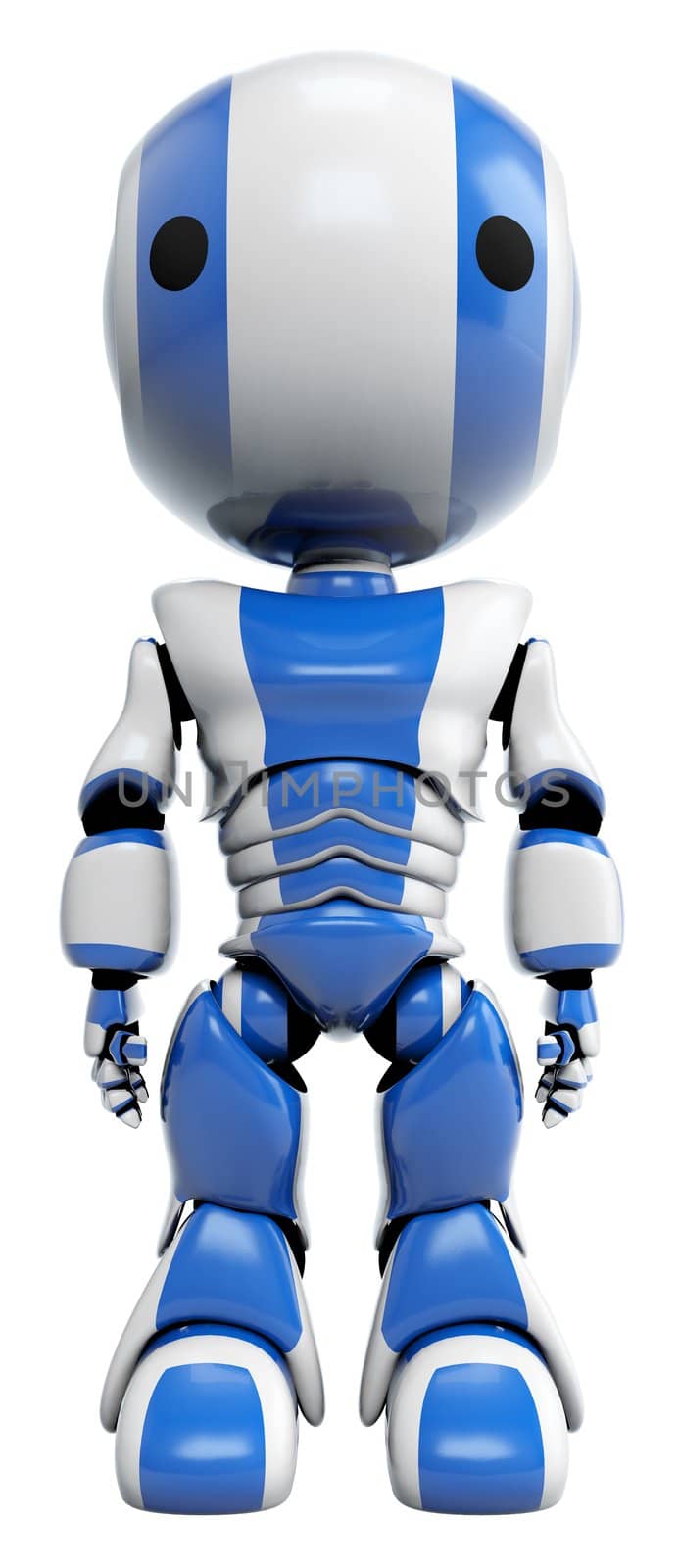 A blue robot standing straight up shown as a front view. 