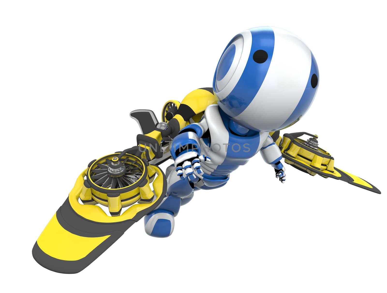 A blue robot flying in a yellow and black rocket pack, flying free. 