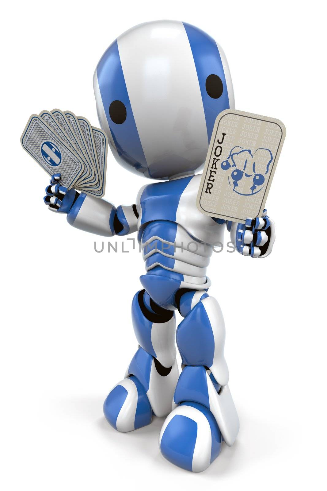 A blue robot holding up a joker card. With his advanced probability and chance assessment programming, you just can't beat him!