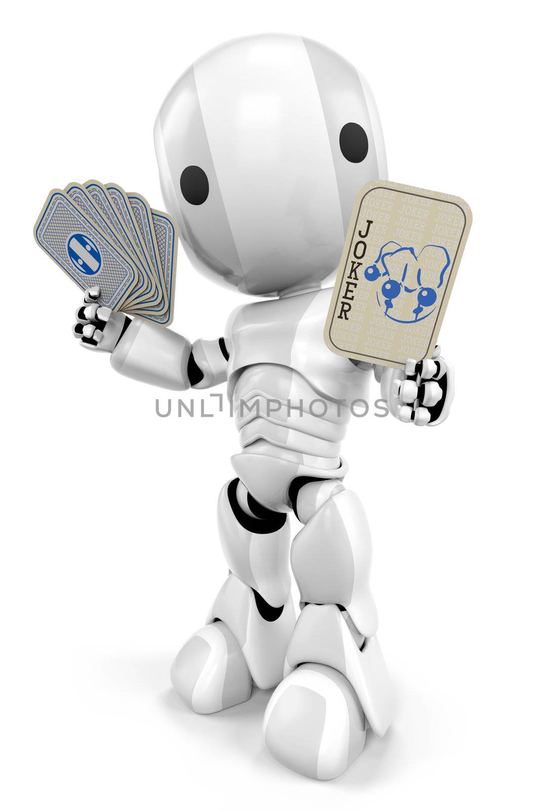 A robot holding up a joker card. With his advanced probability and chance assessment programming, you just can't beat him!