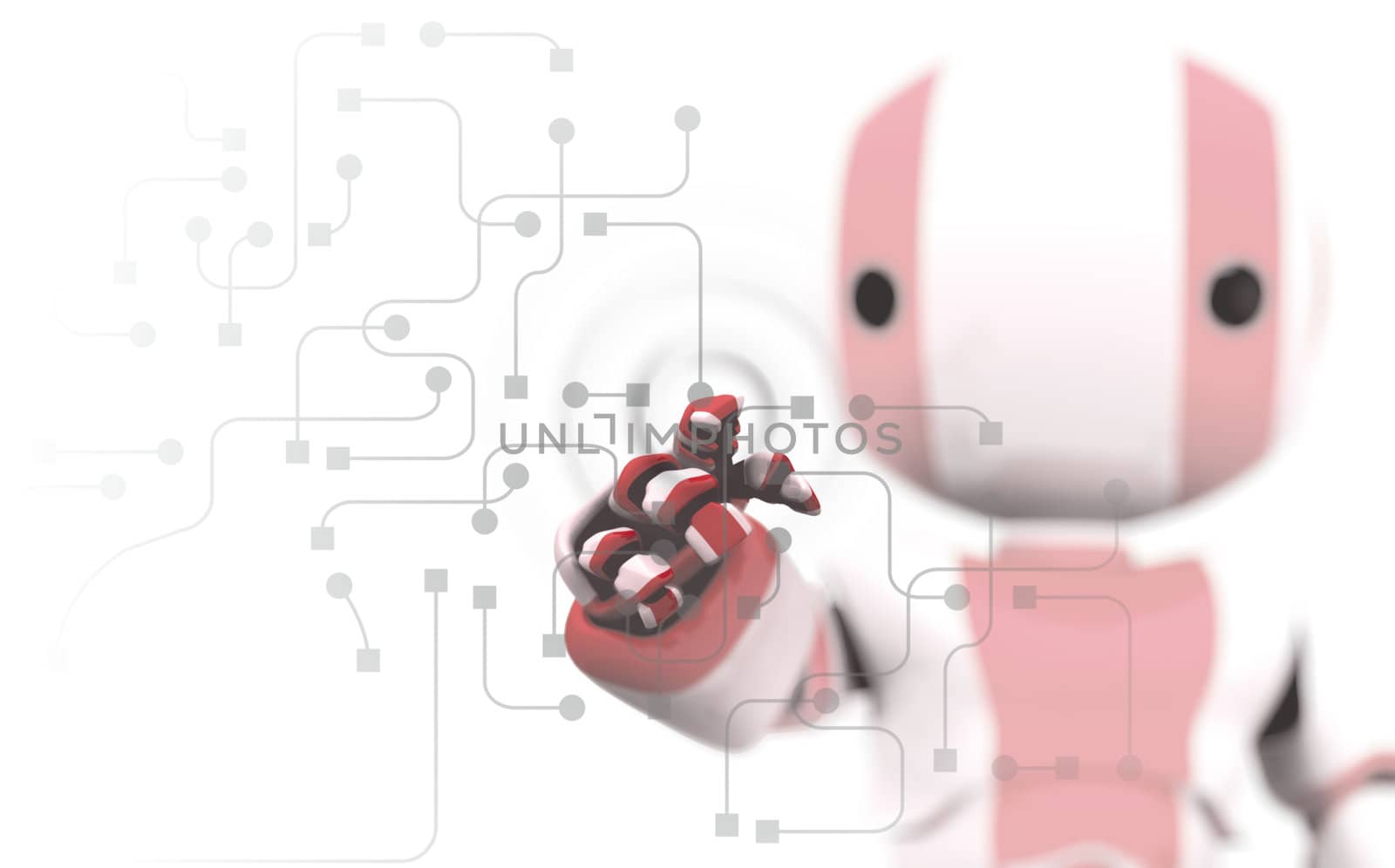 A red and white robot pointing his finger against a transparent window of circuitry and programming. Slight DOF