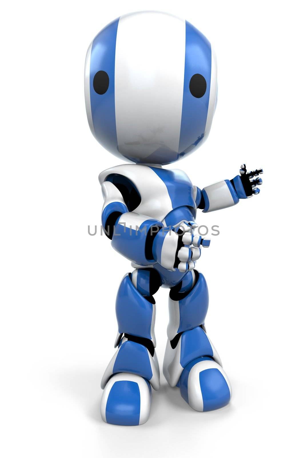 A blue robot making a gesture to the right as he speaks to or looks at his audience. 