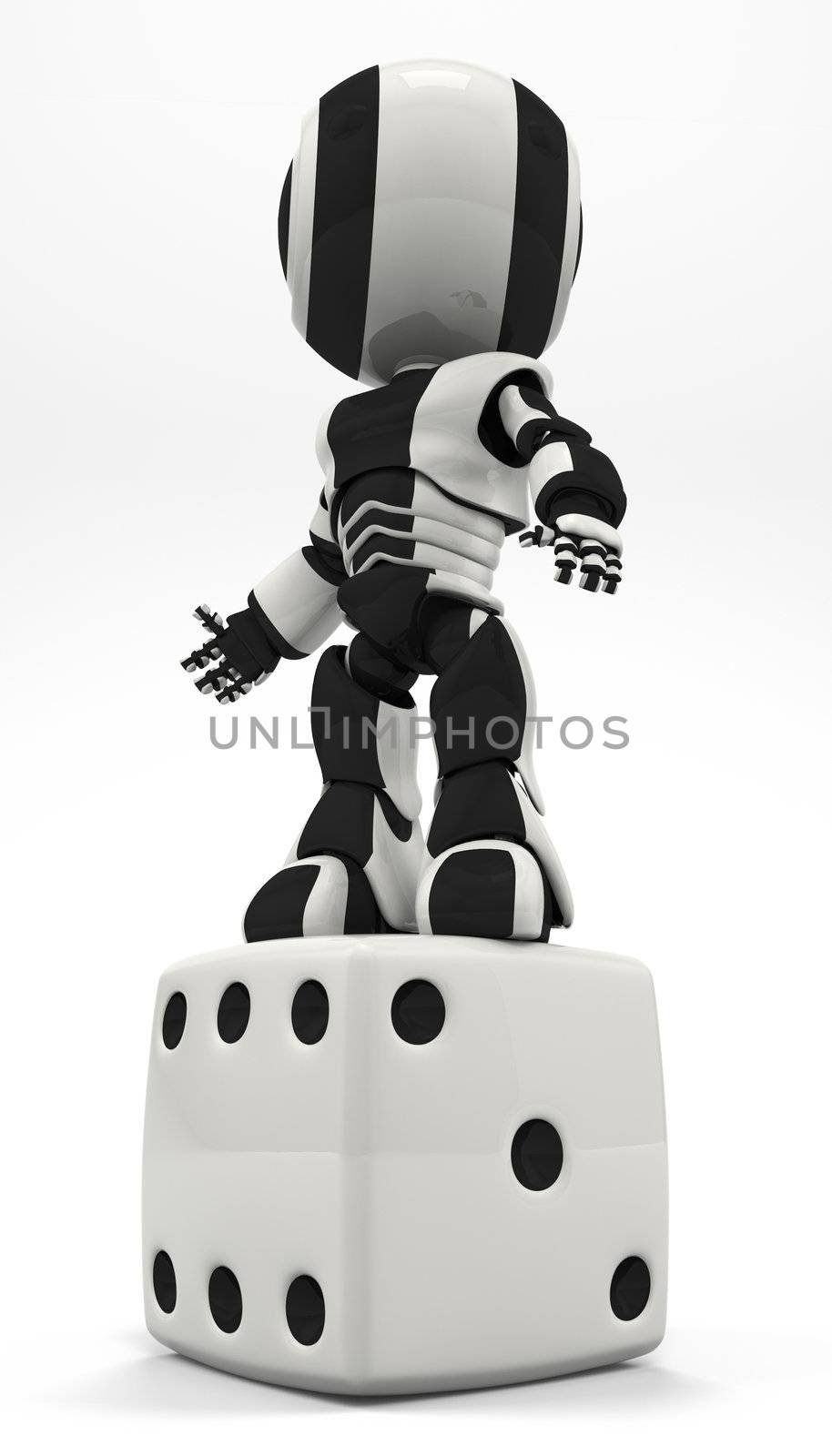 A robot standing victorious on dice. Could show his triumph over chance and overcoming his lot in life.