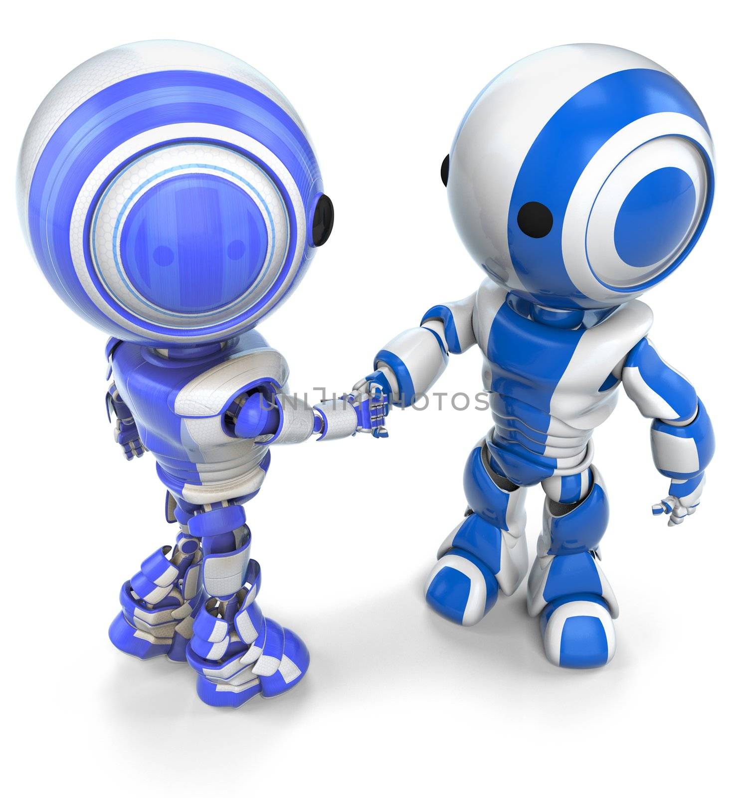 Two robots, slightly different in appearance, shaking hands. Good concept in teamwork or diversity. 