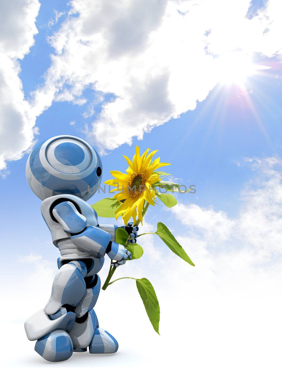 Glossy 3d Robot Holding Flower Blue Sky Clouds by LeoBlanchette