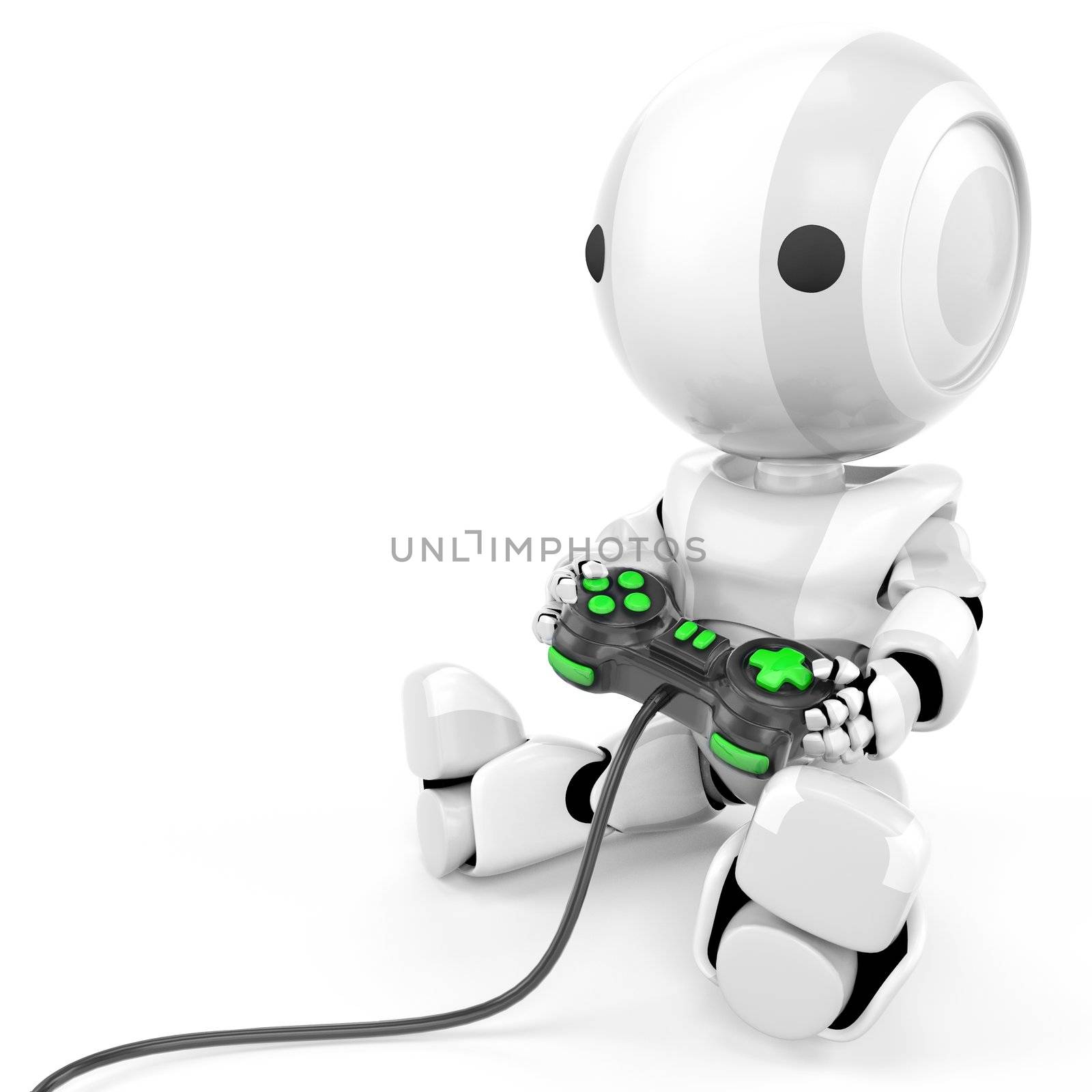 robot holding a video game controller with bright green buttons. 