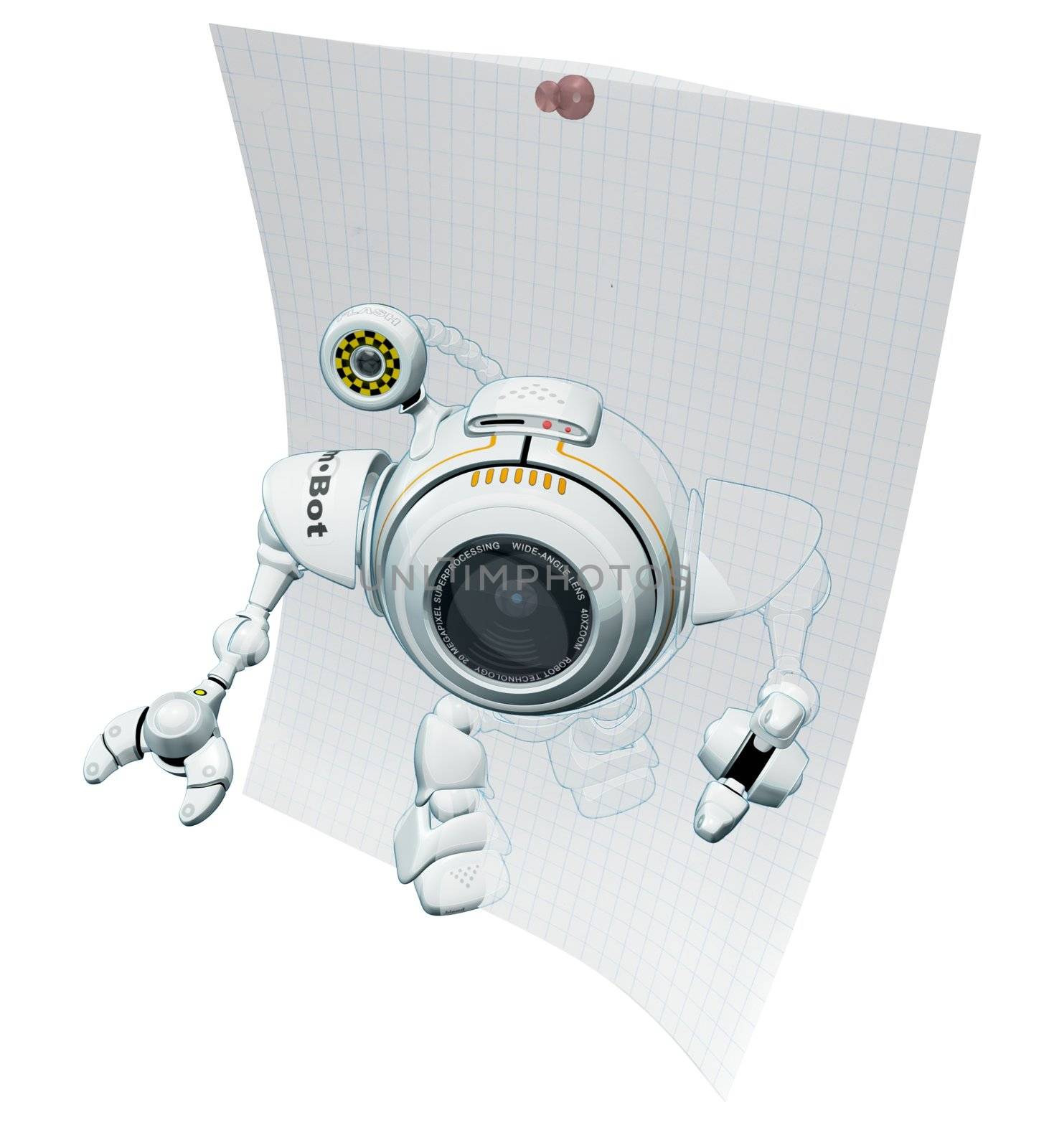 A 3d robot web cam emerging from graph paper with technical drawings behind him. 
The labels and markings on him are all fictional and made up. 
