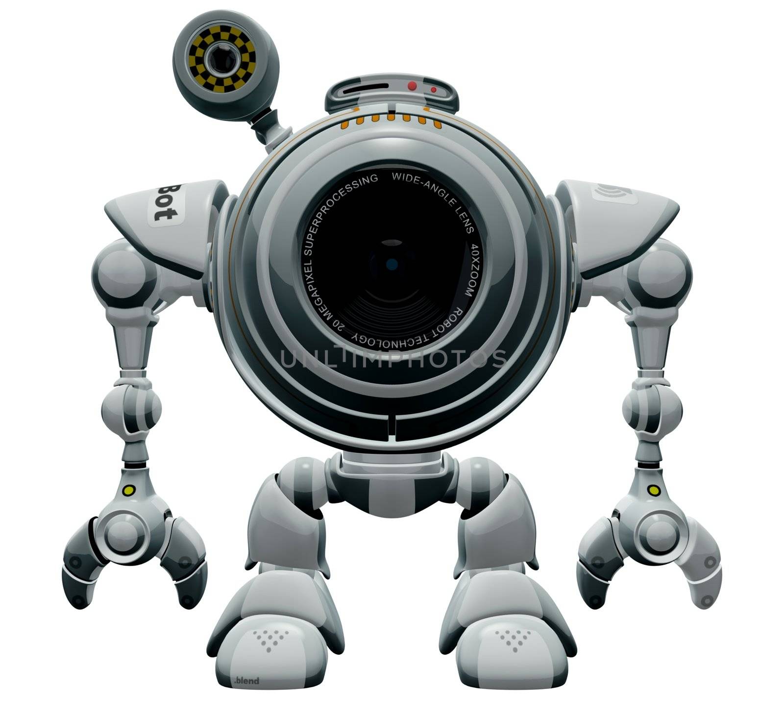 A 3d robot web cam looking straight and standing straight. The labels and markings on him are all fictional and made up. 