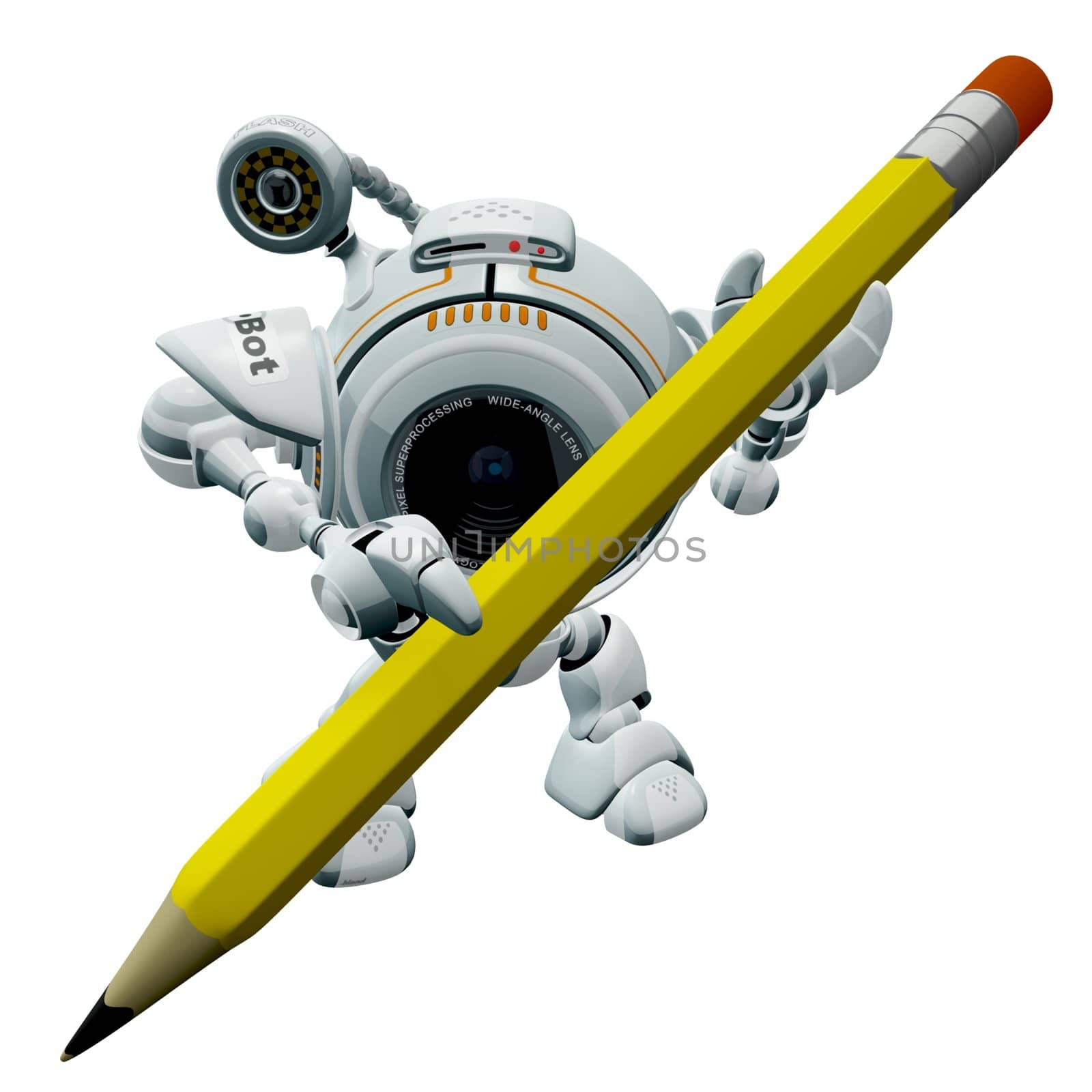 A robot web cam holding a yellow pencil perhaps ready to write something. 