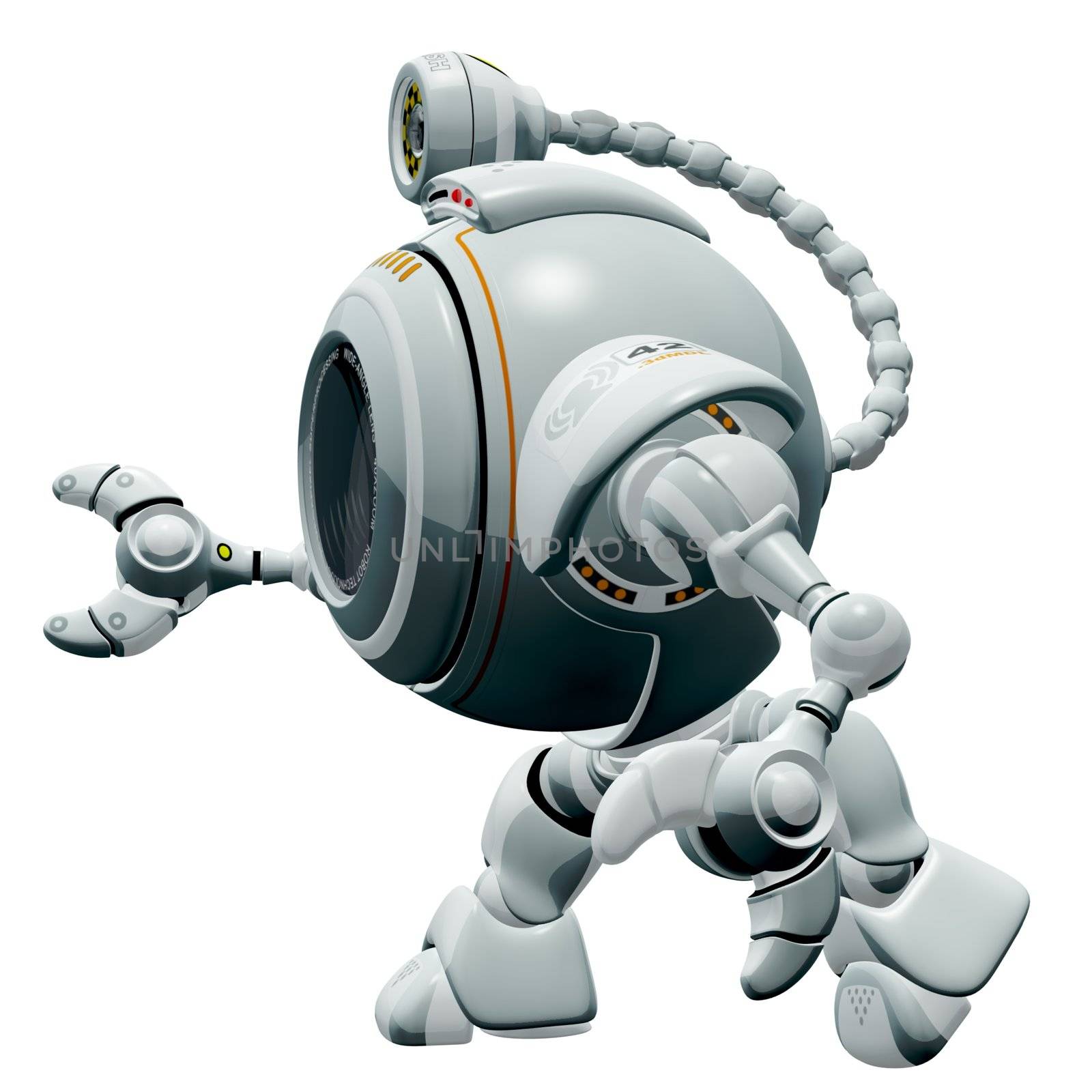 A 3d robot web cam walking side ways in an animated manner. The labels and markings on him are all fictional and made up. 
