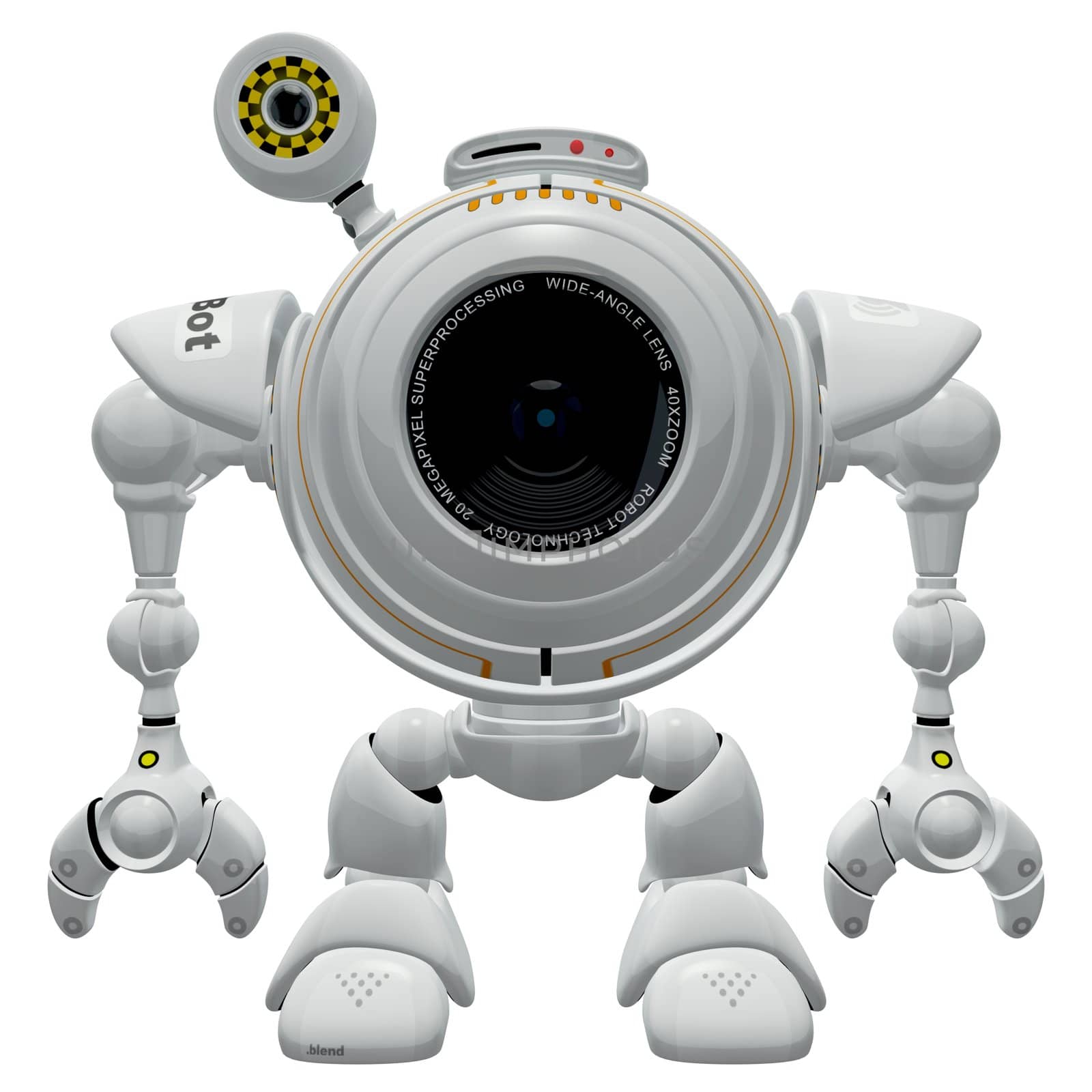 A robot web cam standing straight up in his un-posed stance. This is a handy version of him for something more mechanical or impersonal. 