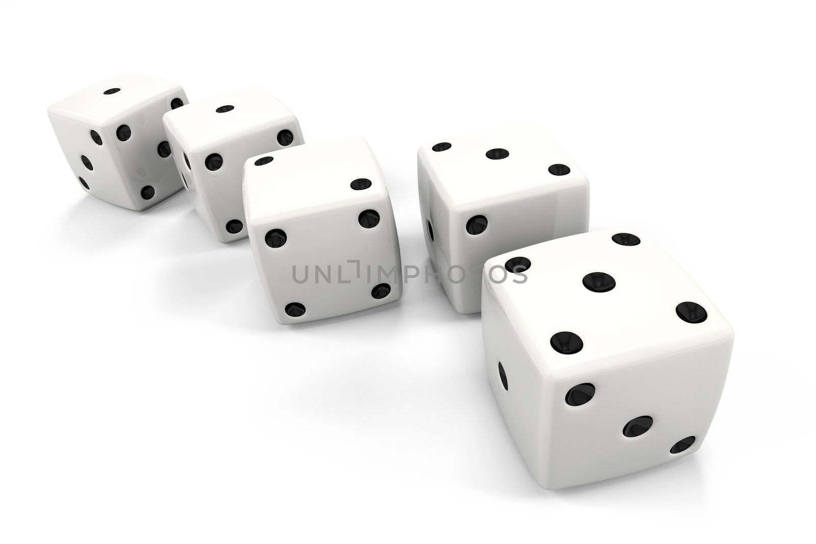 Six dice placed in order, the top numbers being in order of: One, One, Two, Three, Five, which are the beginning numbers of the Fibonacci sequence.