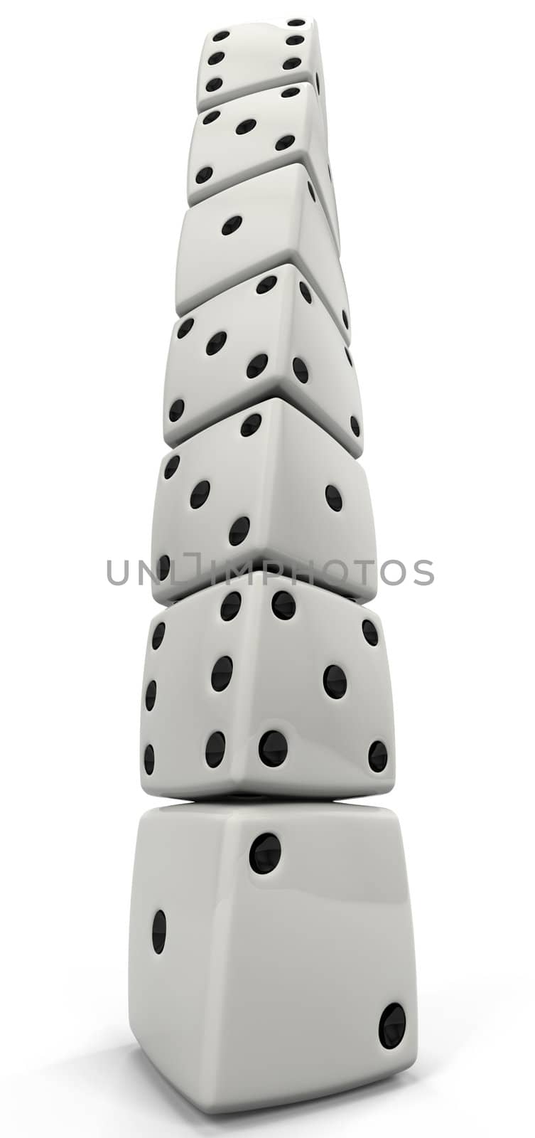 A tower of dice viewed from the bottom, with dramatic perspective.