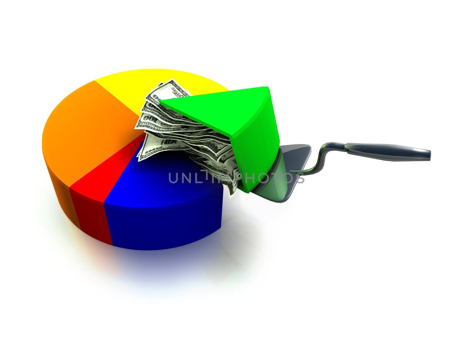 A money pie chart 3d render, an interesting concept in having a piece of the pie, as the saying goes. 