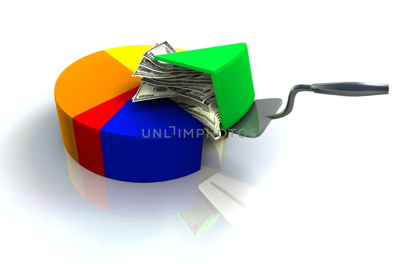 A money pie chart 3d render, an interesting concept in having a piece of the pie, as the saying goes. 