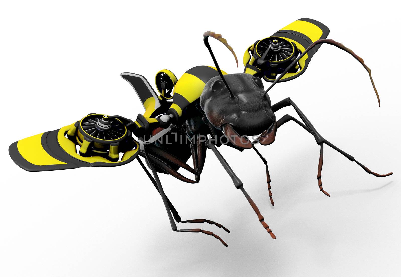 A worker ant with a wasp styled flying mechanism attached to his back. Good concept for exceeding personal limits. The color pattern of the jet pack suggest he is trying to be a wasp, a relative of the ant. 
