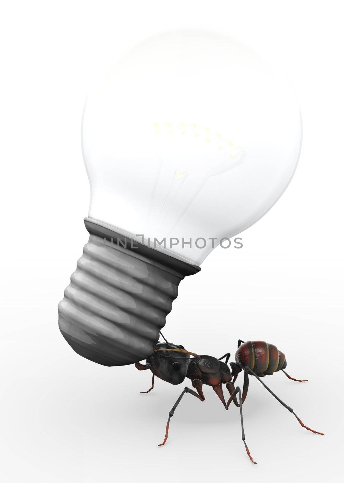 An ant carrying a light bulb which is evidently much, much heavier than he is. 