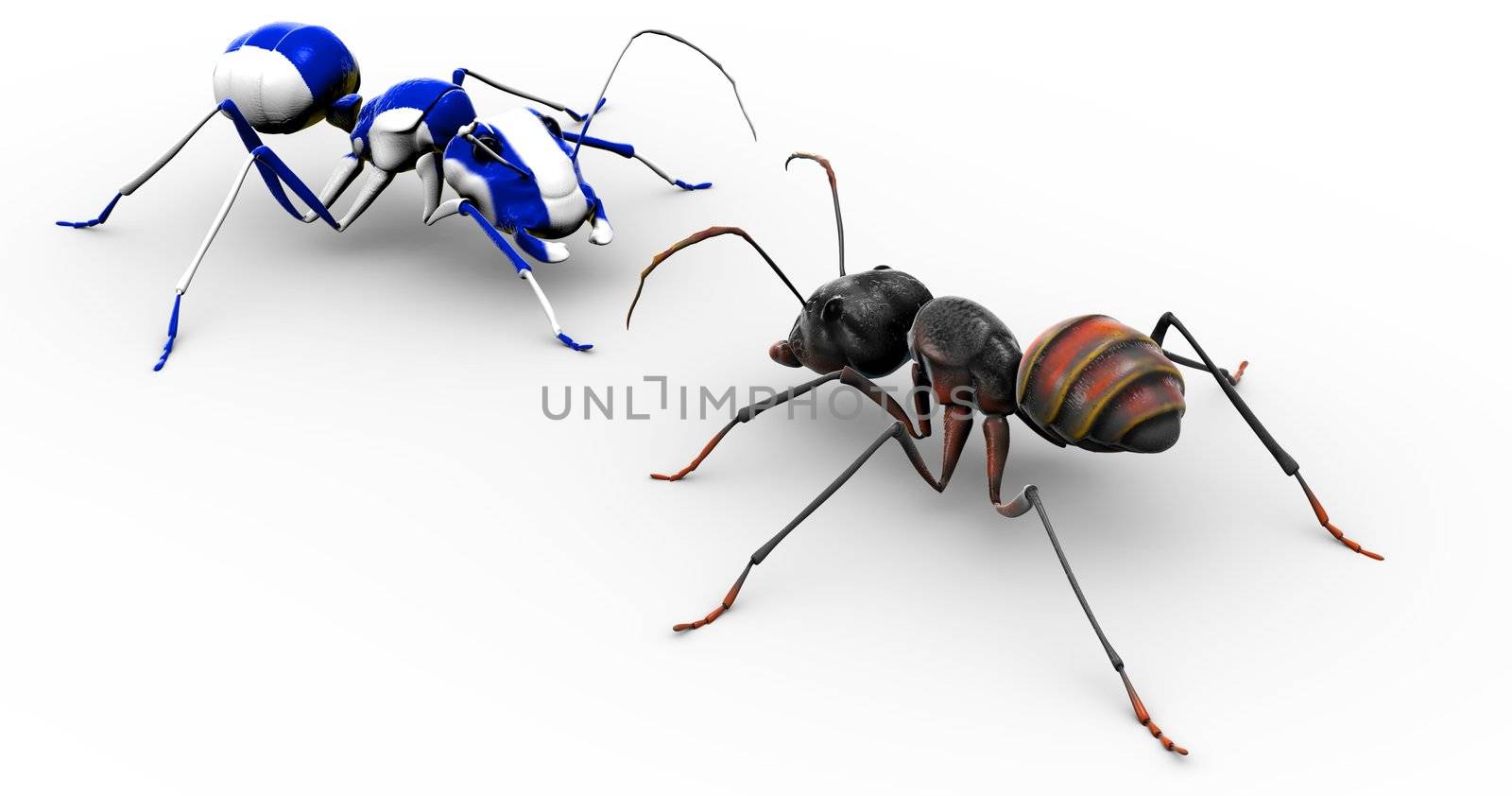 An ant looking at a fellow ant who has been painted blue and white. 
