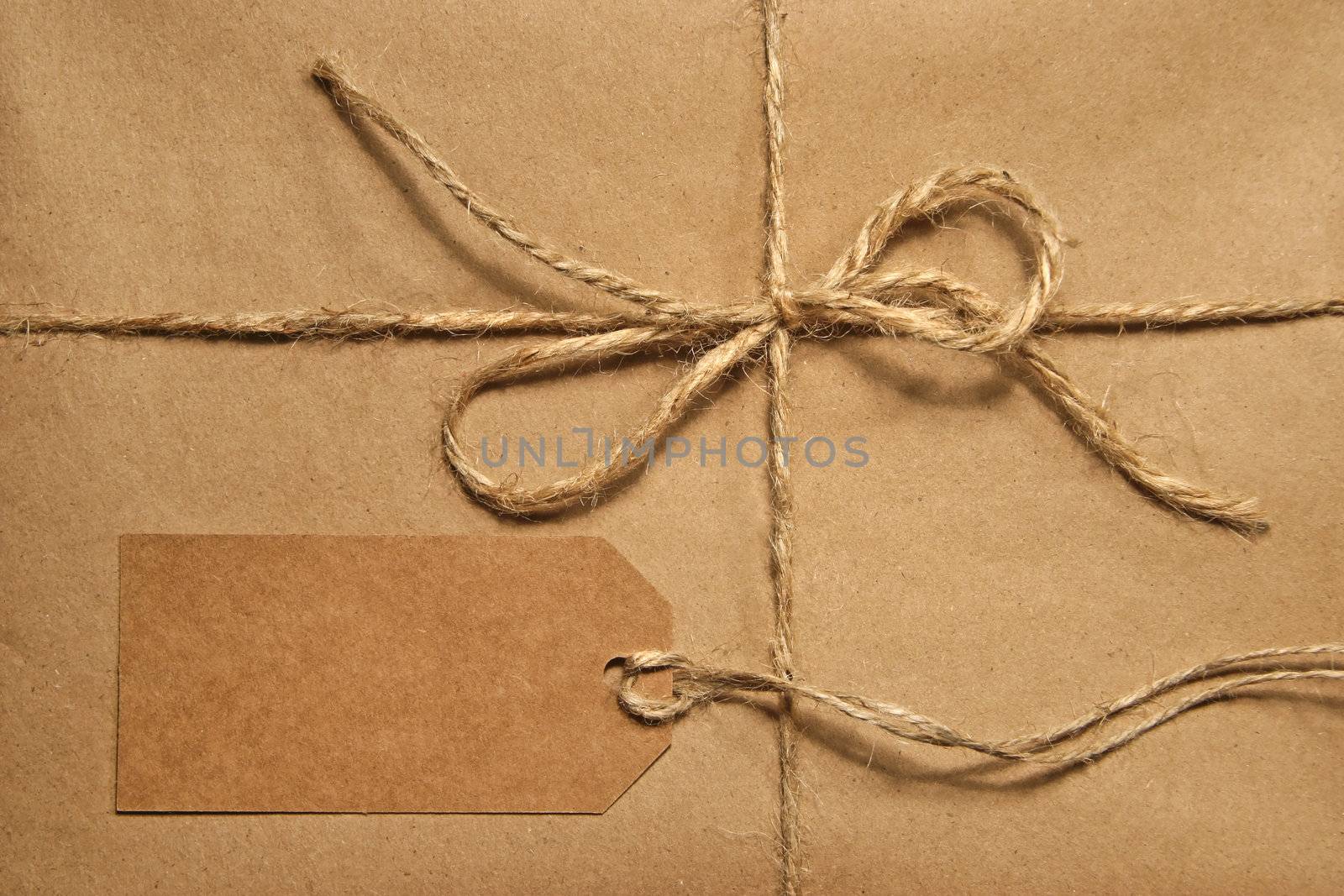 Brown shipping parcel tied with twine and a blank shipping tag for copy space
