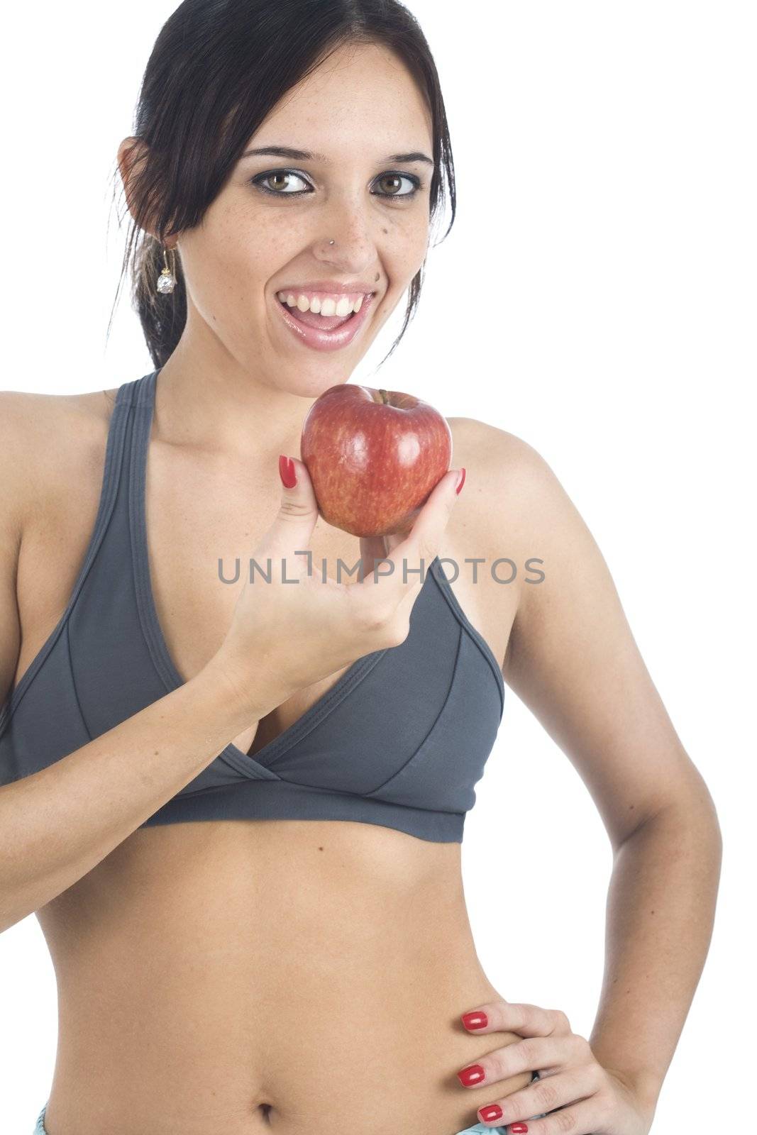 A sexy young hispanic woman wearing a gym outfit, isolated on a white background.