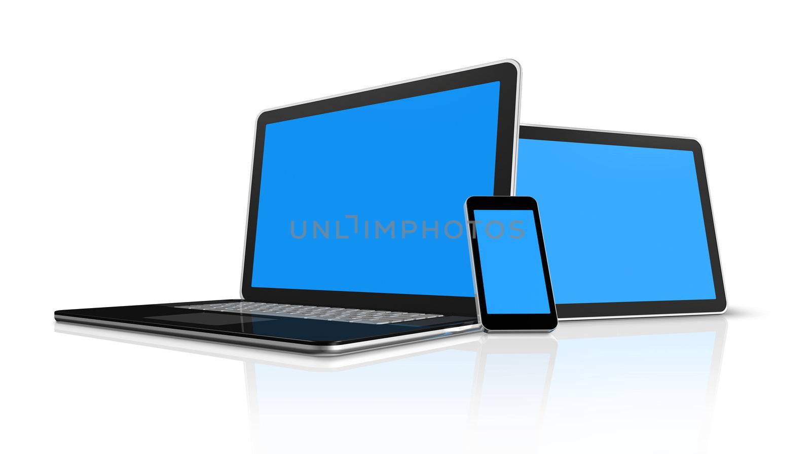 3D laptop, mobile phone and digital tablet pc computer - isolated on white with clipping path
