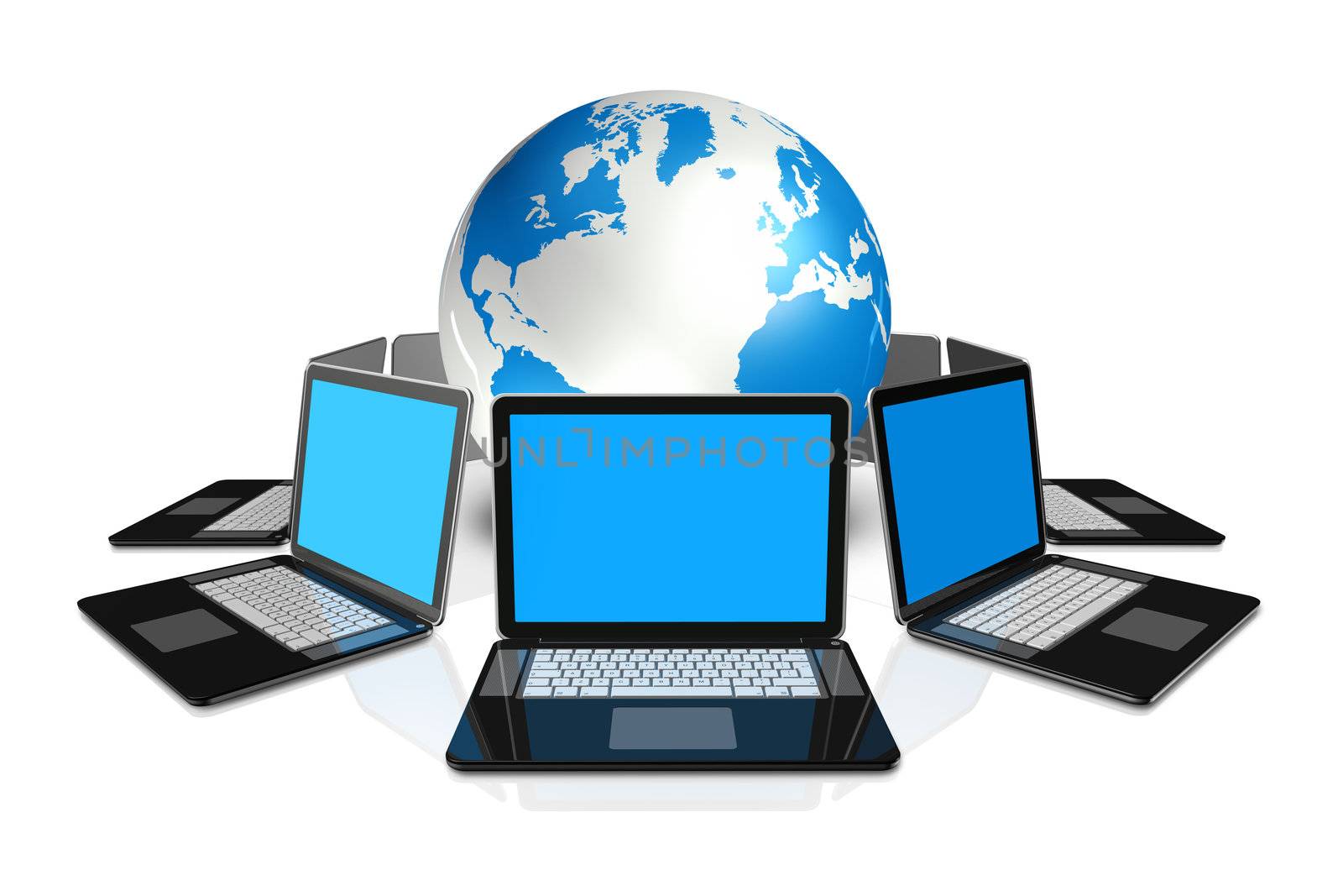 3D laptop computers around a world globe isolated on white