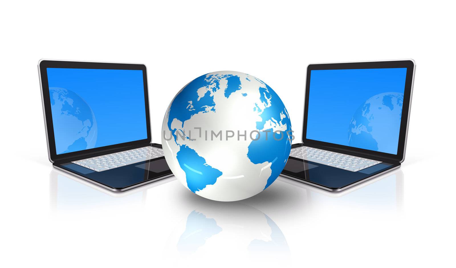 two 3D laptop computers around a world globe isolated on white