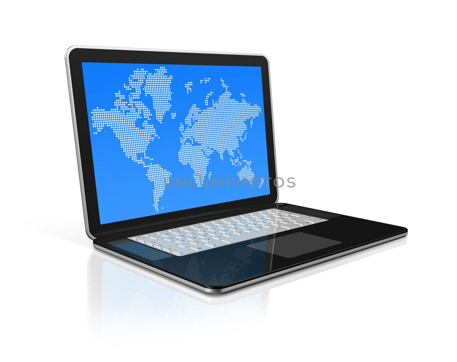 3D laptop computer with worldmap on screen. isolated on white with 2 clipping path (screen and global scene)